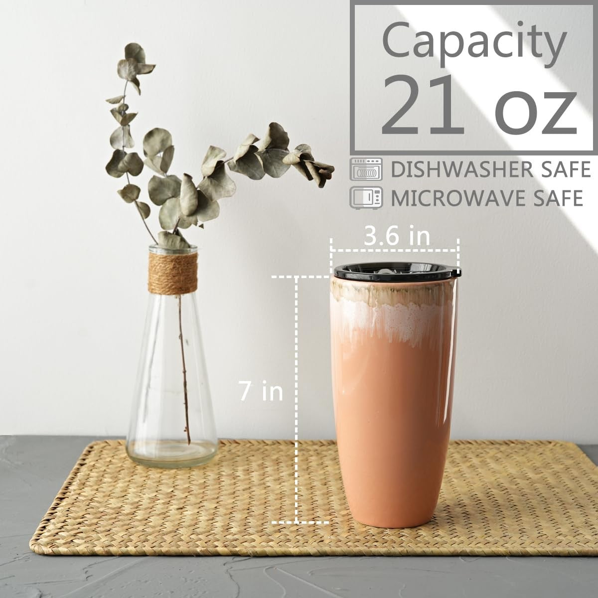 Bosmarlin ceramic travel coffee cup with lid, 21 oz, portable mug for car use, featuring a sleek design and secure lid.