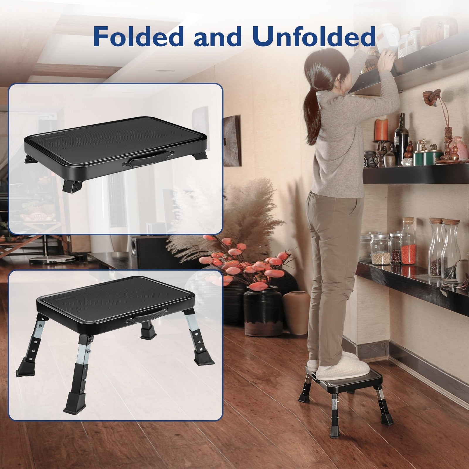 BONTEC folding 3-level metal step stool with anti-slip platform, compact and adjustable for safety and convenience.