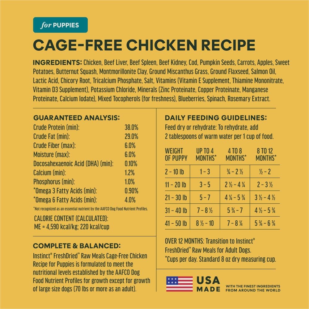 Instinct Puppy Freeze-Dried Dog Food with chicken, grain-free, 3x more meat, shown in a resealable bag with chicken pieces inside.