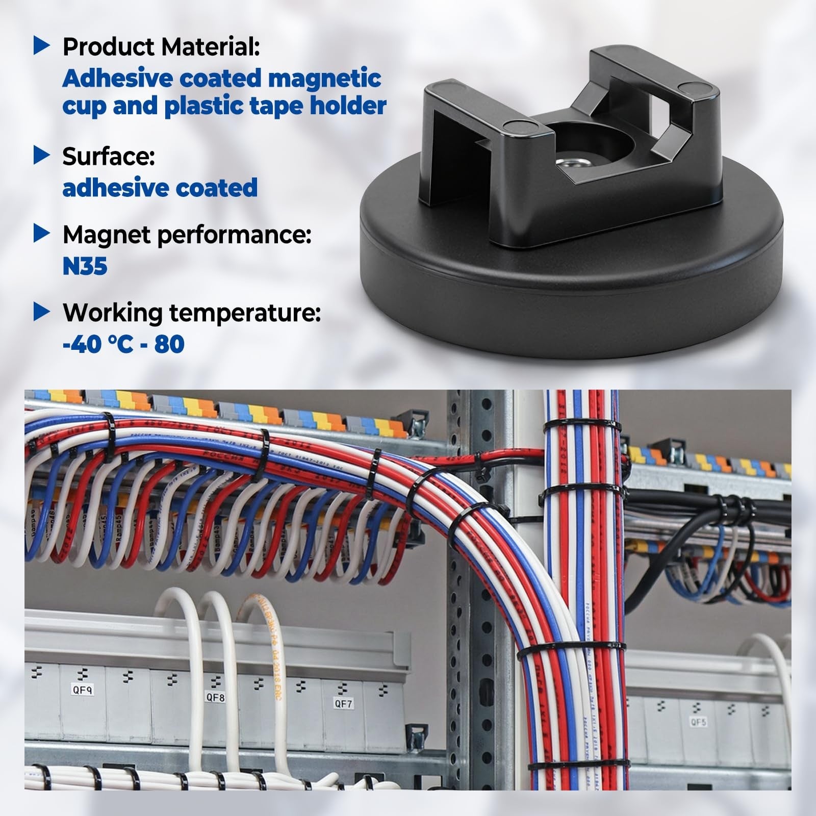 Heavy-duty magnetic cable zip tie base by dcvbny, supports vertical tension up to 18lbs, ideal for organizing and securing wires.