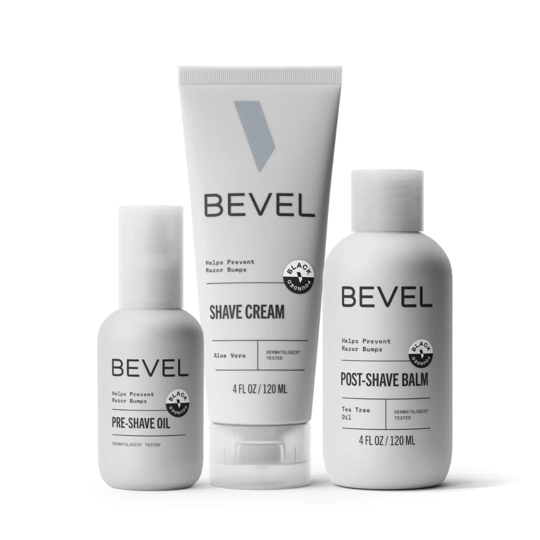 Bevel men's shaving kit with pre-shave oil, shaving cream, and after shave balm displayed in a clean, organized setup