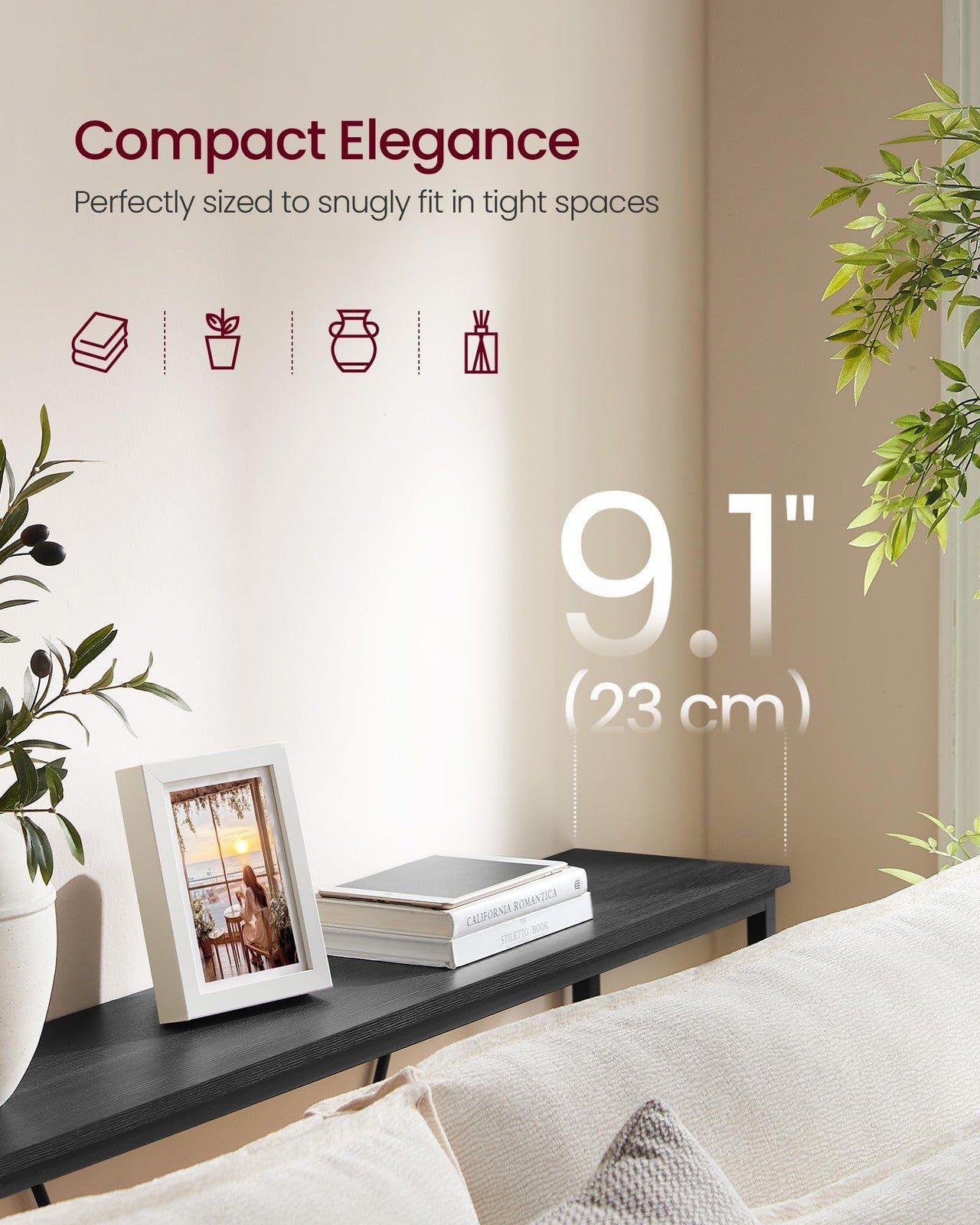 VASAGLE console sofa table, narrow entryway table with a sleek wooden finish, suitable for living room or bedroom decor.