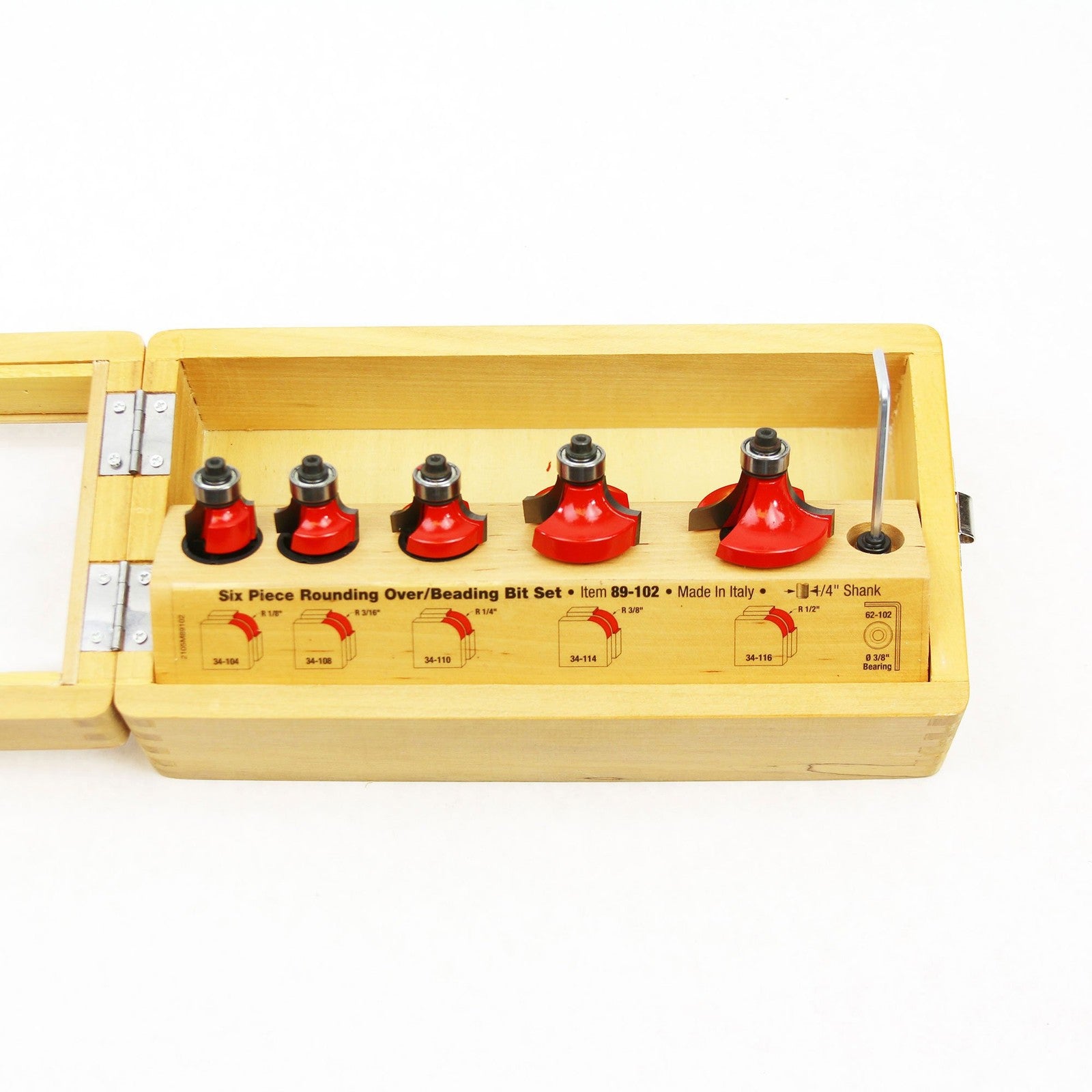 Freud 89-102 five-piece round over and beading router bit set with 1/4 inch shank, showing various round-over and beading bits.