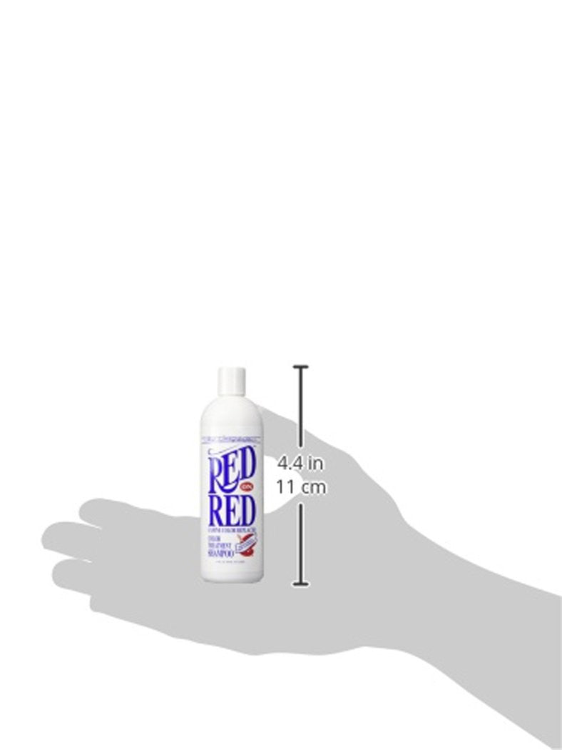 Chris Christensen Red on Red dog shampoo for red and mahogany coats, showing the bottle with vibrant red label and dog grooming scene