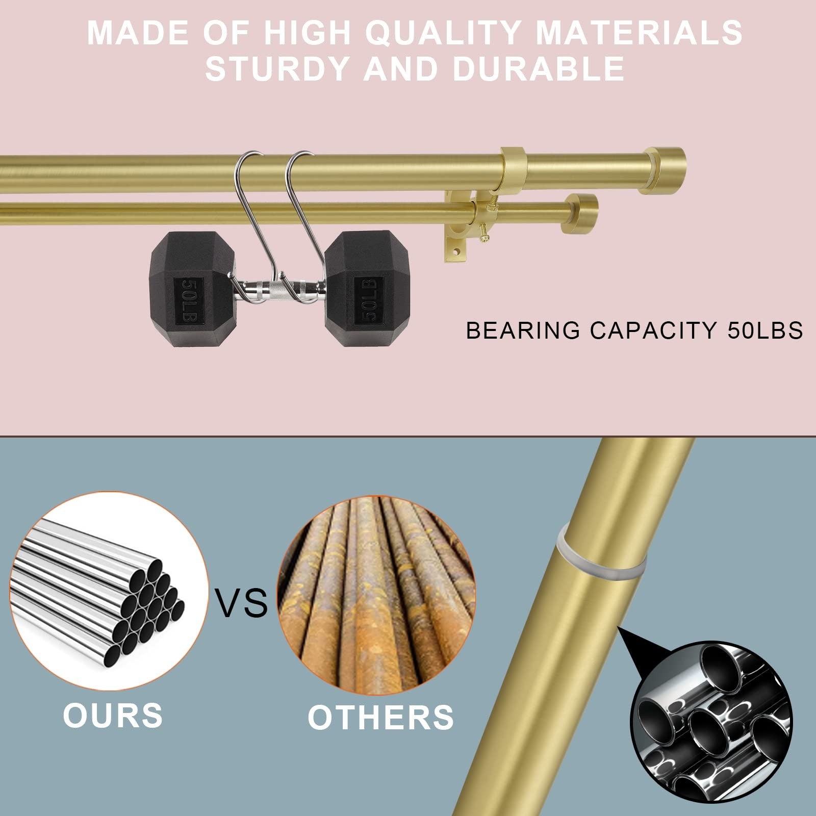 Lwiiom brass double blackout curtain rod in black, adjustable 36-72 inches, with decorative finials for window curtains.