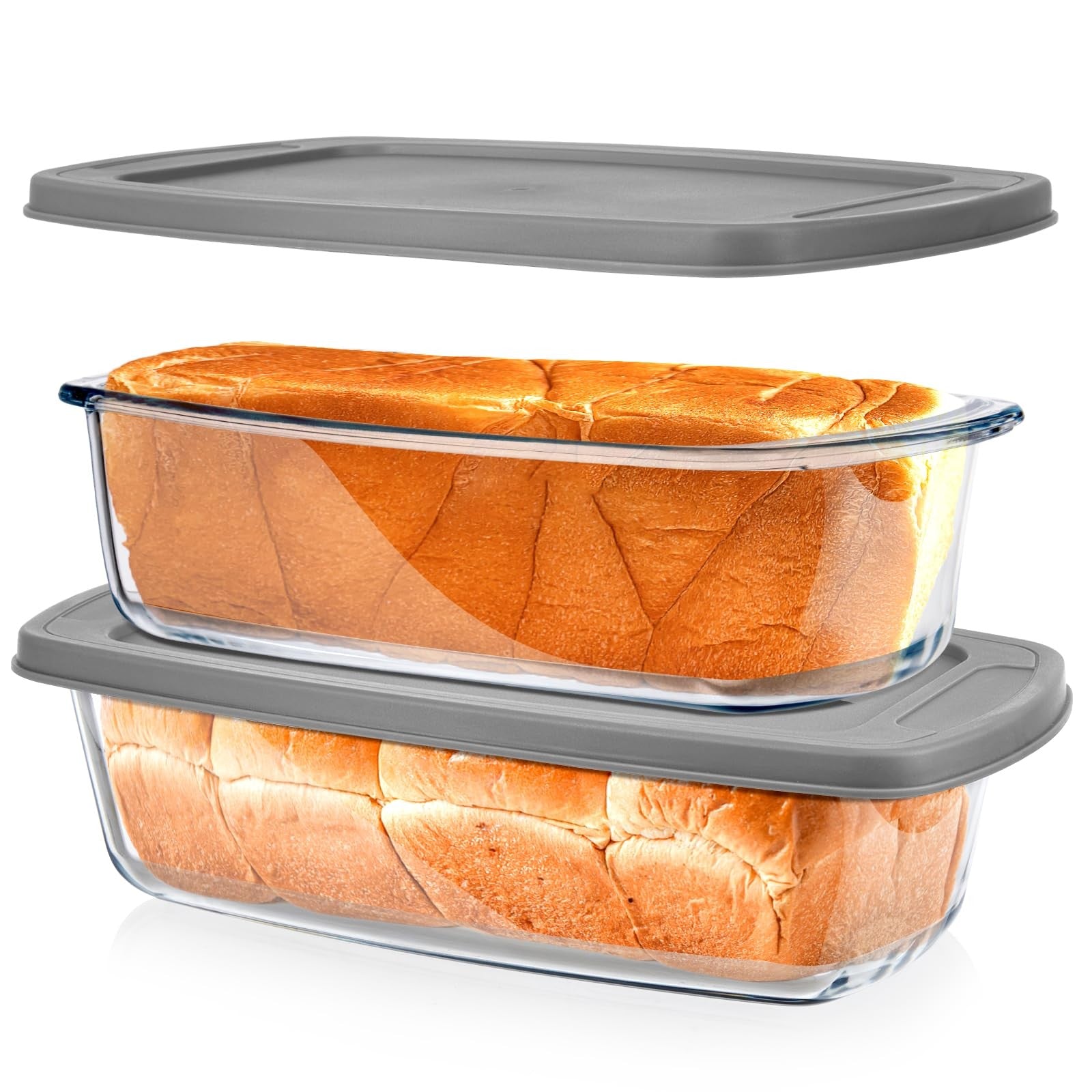 BAKEWAY glass loaf pan with lid, 1.9 Qt, ideal for baking bread; clear glass bakeware for oven use and easy viewing.