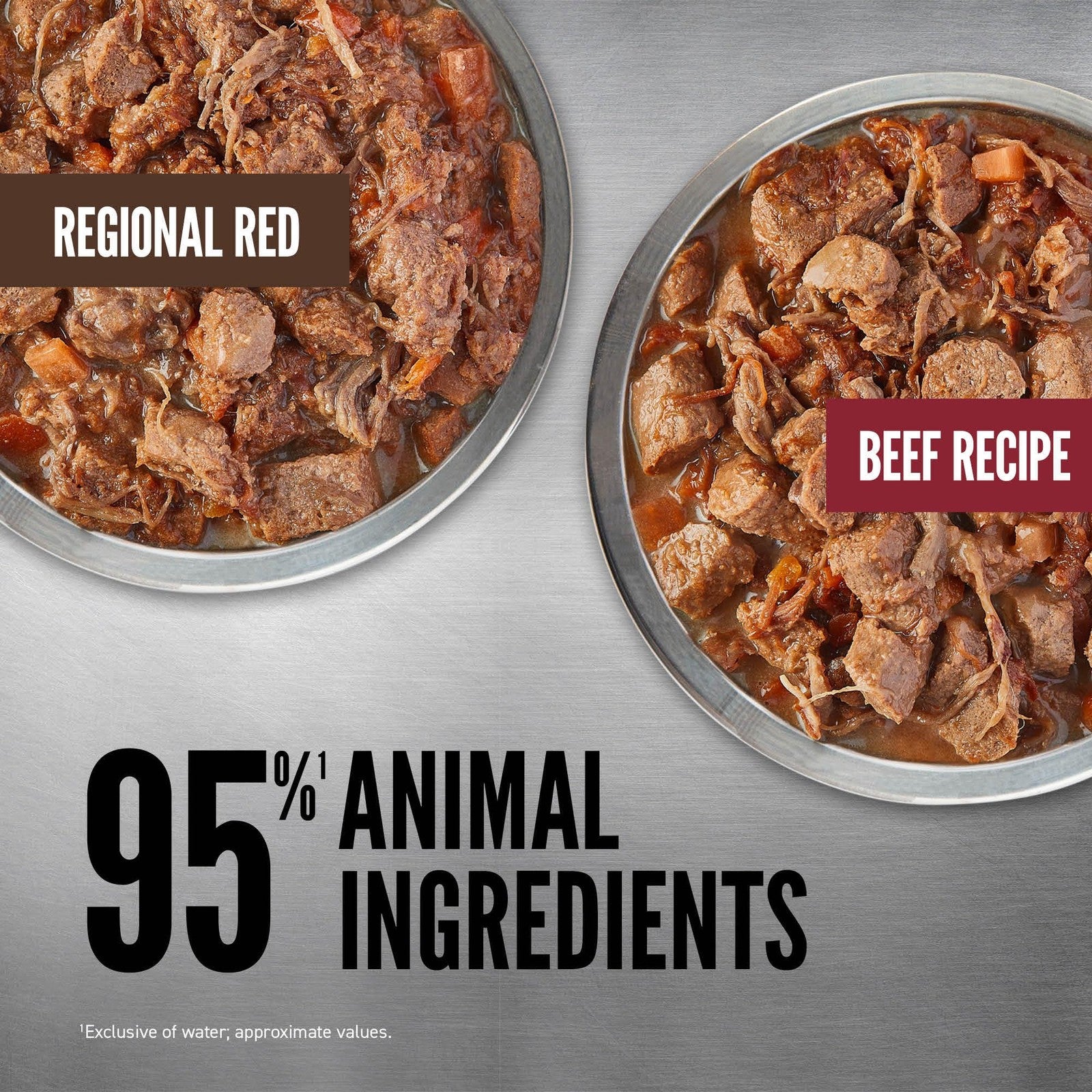Orijen Real Meat Shreds Wet Dog Food Variety Pack with regional red beef in 12.8oz cans, featuring shredded beef dog food.