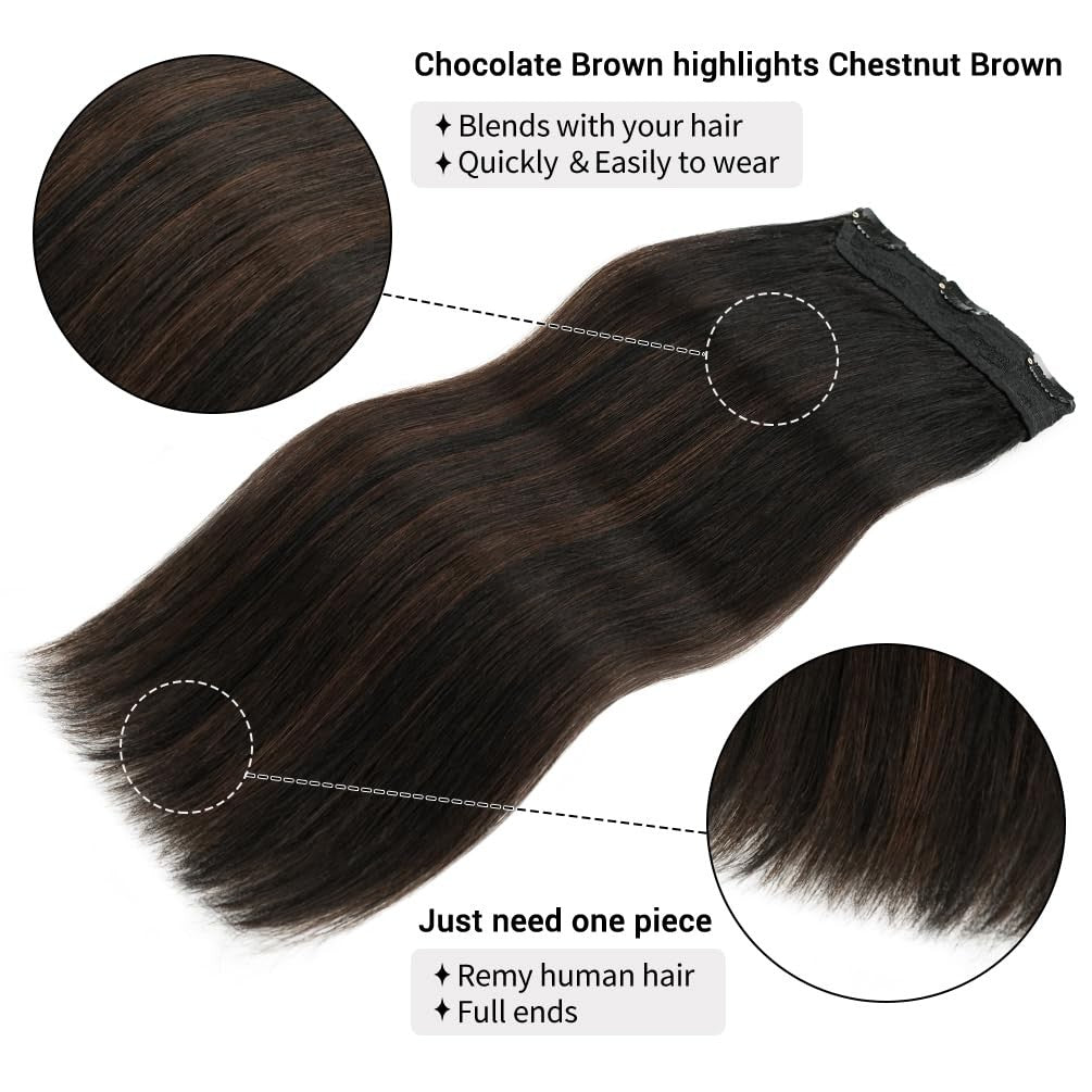 Winsky real human hair clip-in extensions in brown balayage, 70g, 16 inches long, with #1BT4P1B color blending natural hair tones.