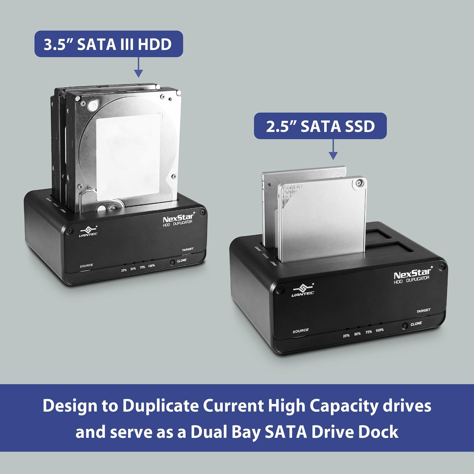 Vantec NexStar JX dual bay USB 3.2 Gen1 SATA III drive dock with cloning function, showing two drives inserted and front controls.