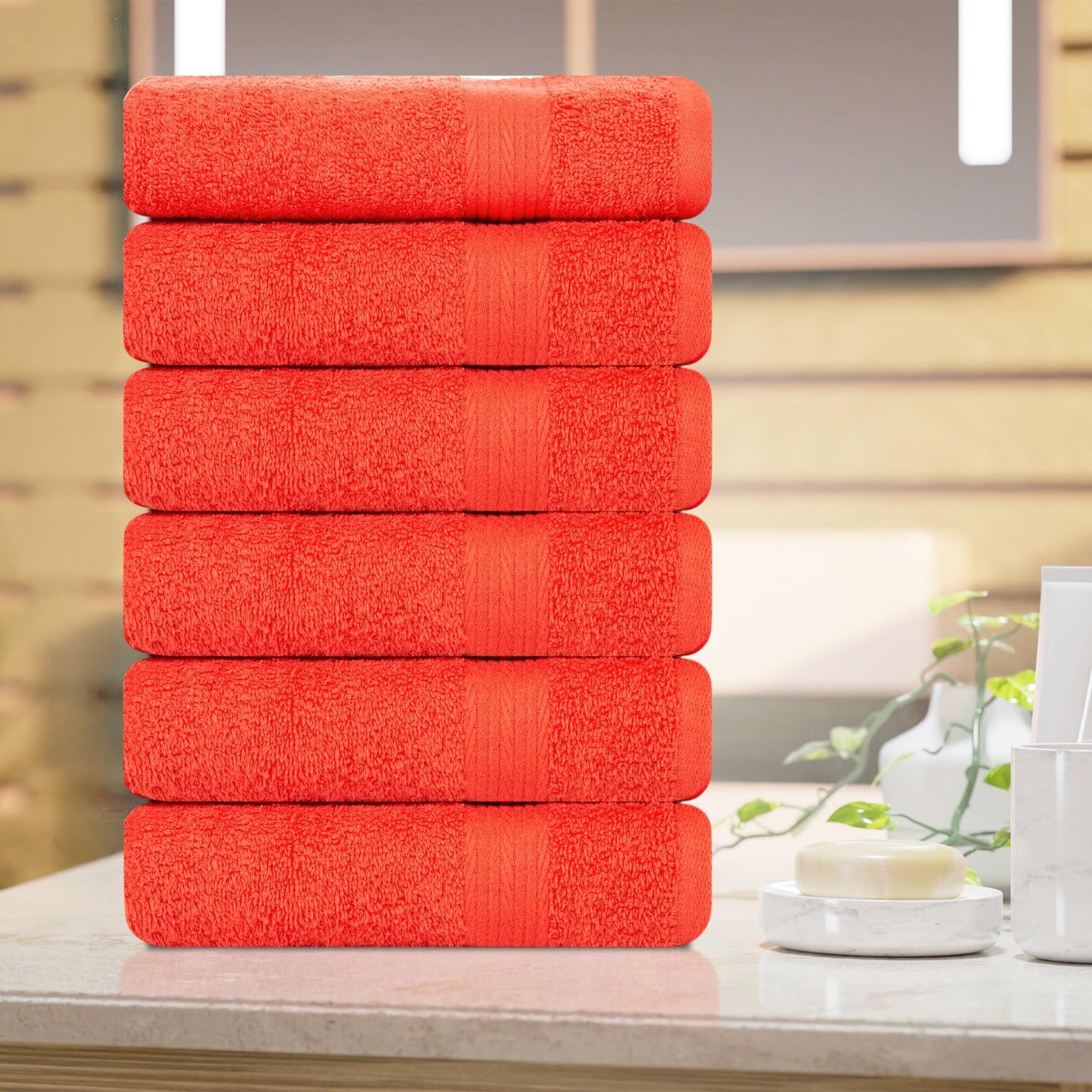 Set of six Ample Decor cotton hand towels, 18x28 inches, 600 GSM, in neutral tones, showcasing soft, absorbent 100% cotton fabric.