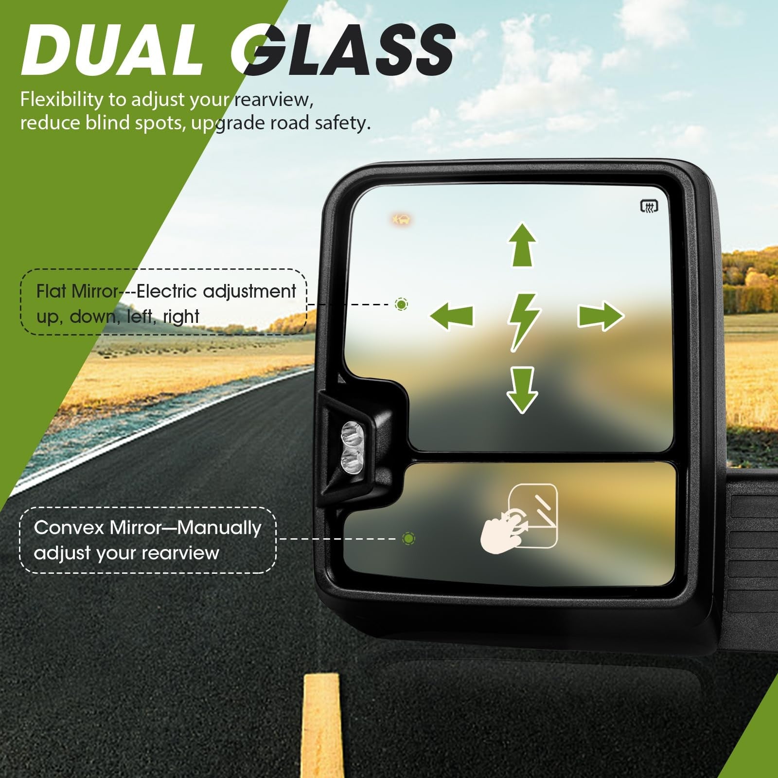 Siziom textured driver side tow mirror for Chevy Silverado and GMC Sierra 2500/3500HD, showing the mirror housing and mounting details.