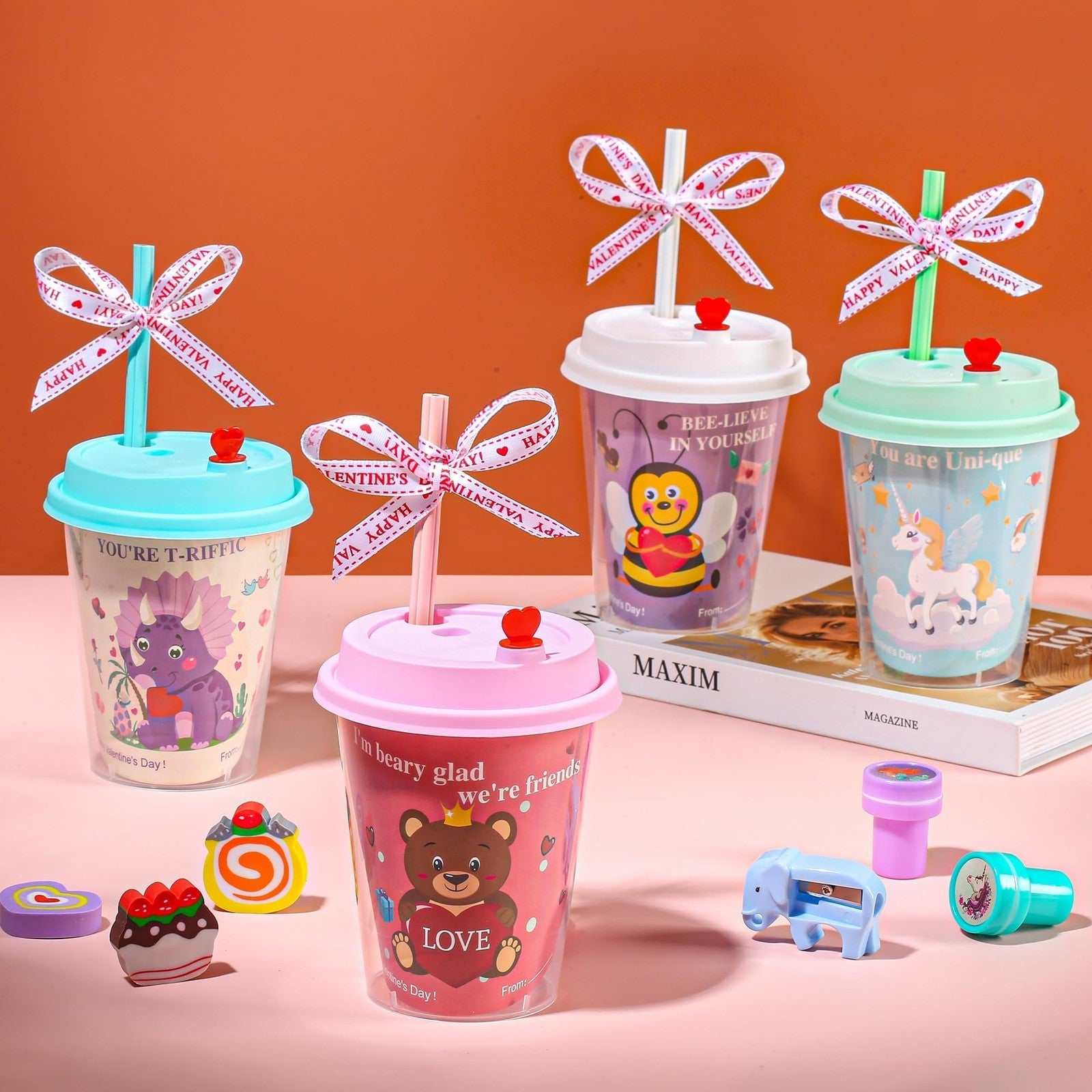 24-pc Valentine’s Day Gifts kids stationery set with mugs, cards, stickers, pencils, and erasers in pastel colors
