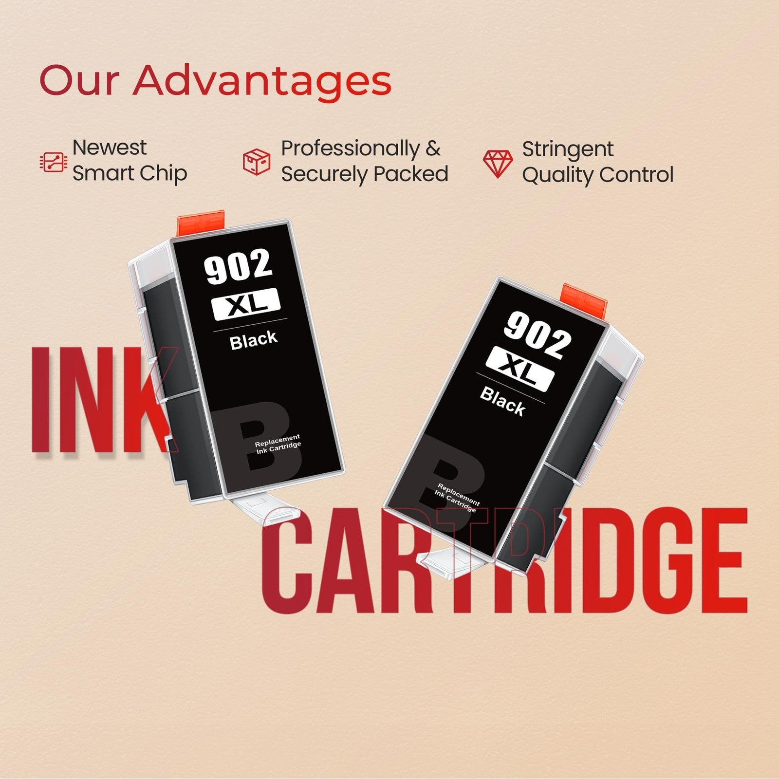 Set of unbranded 902XL ink cartridges for HP printers, upgraded replacement for HP 902 ink, shown in black and color cartridges.
