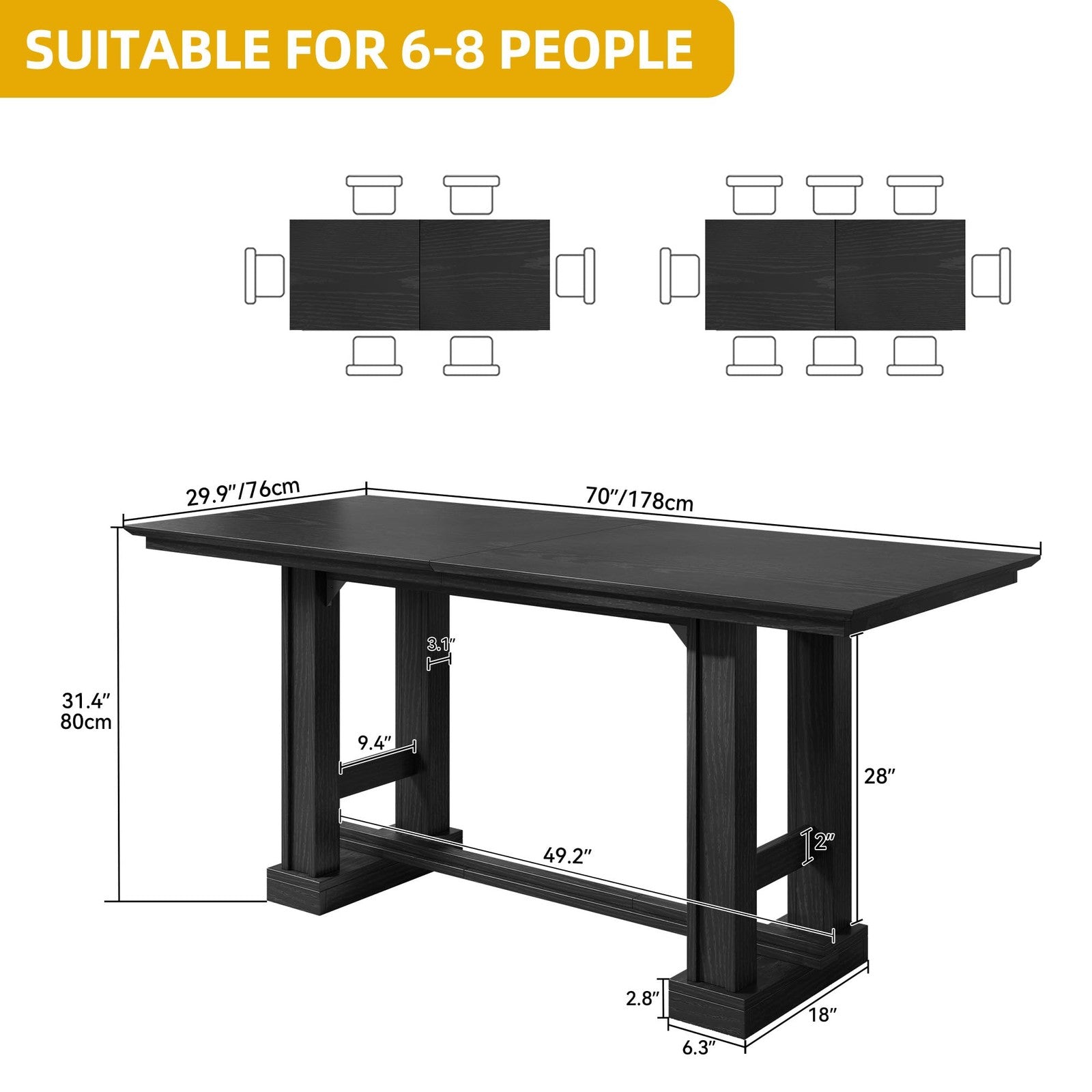 Wooden farmhouse dining table for 6-8 people, 70 inches long, sturdy kitchen table with natural wood finish.