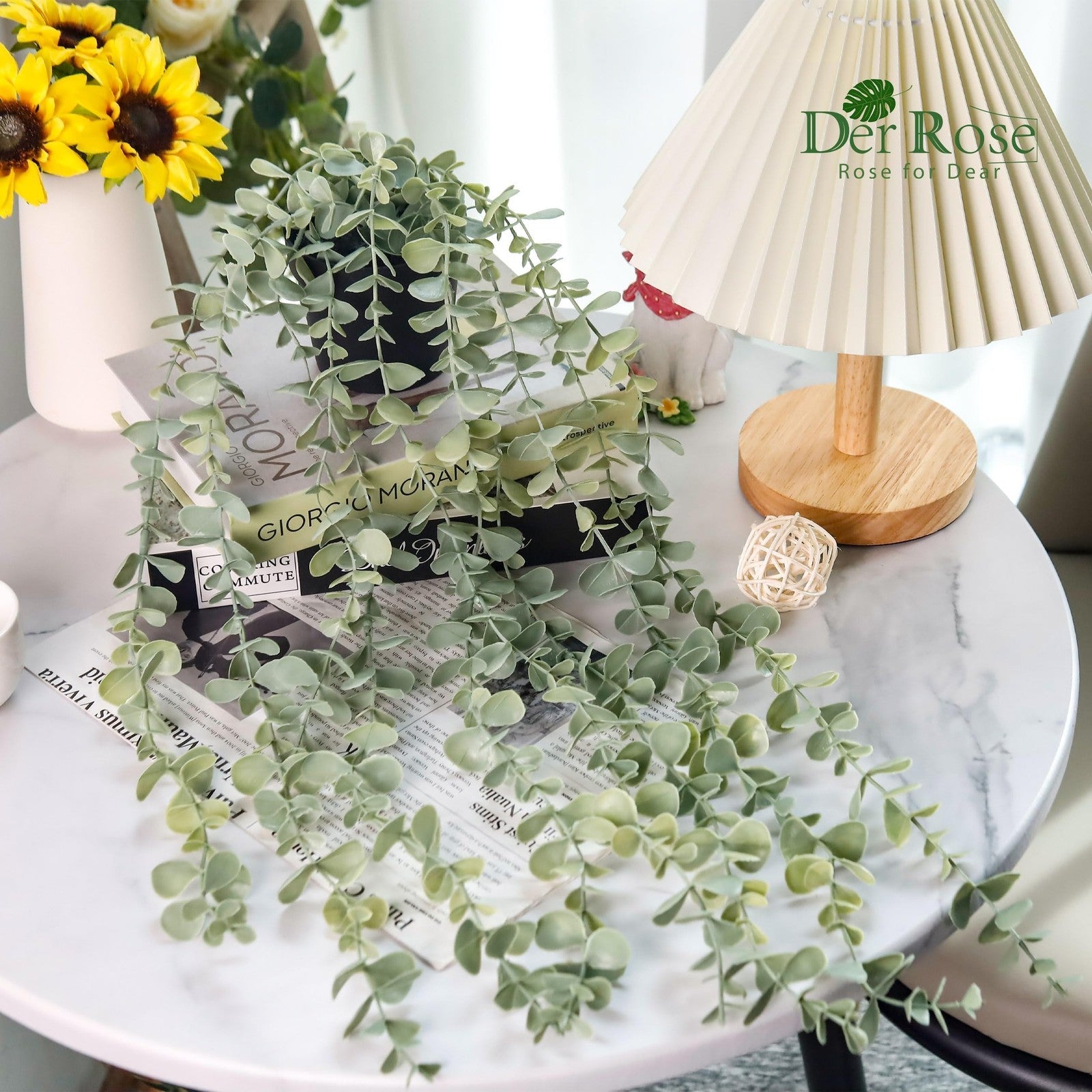 Artificial hanging eucalyptus plant by Der Rose, ideal for modern boho farmhouse decor, featuring lush green eucalyptus leaves.