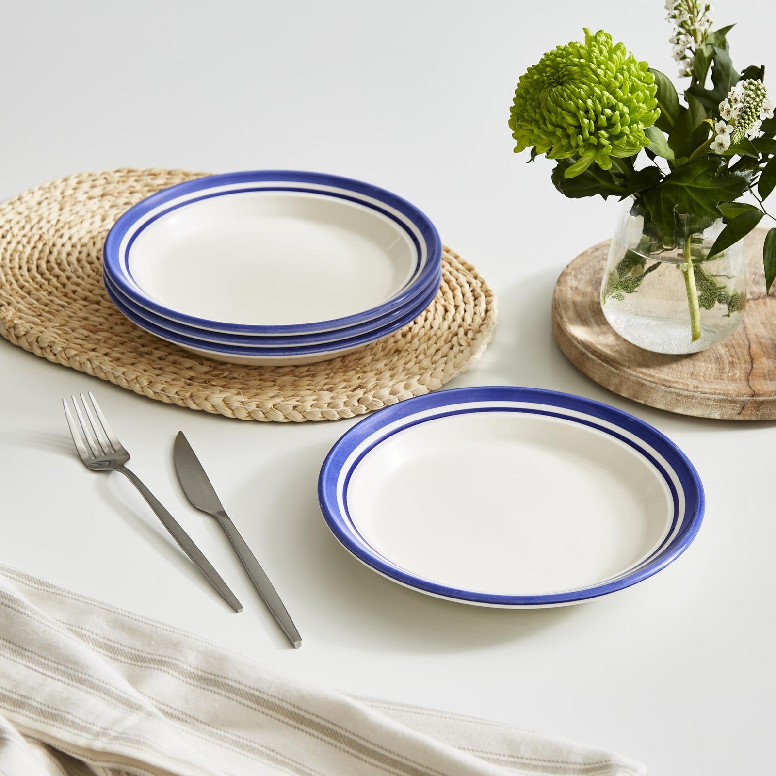 Set of four Portmeirion Potter's Stripe 8-inch salad plates with colorful striped earthenware design, stacked neatly.