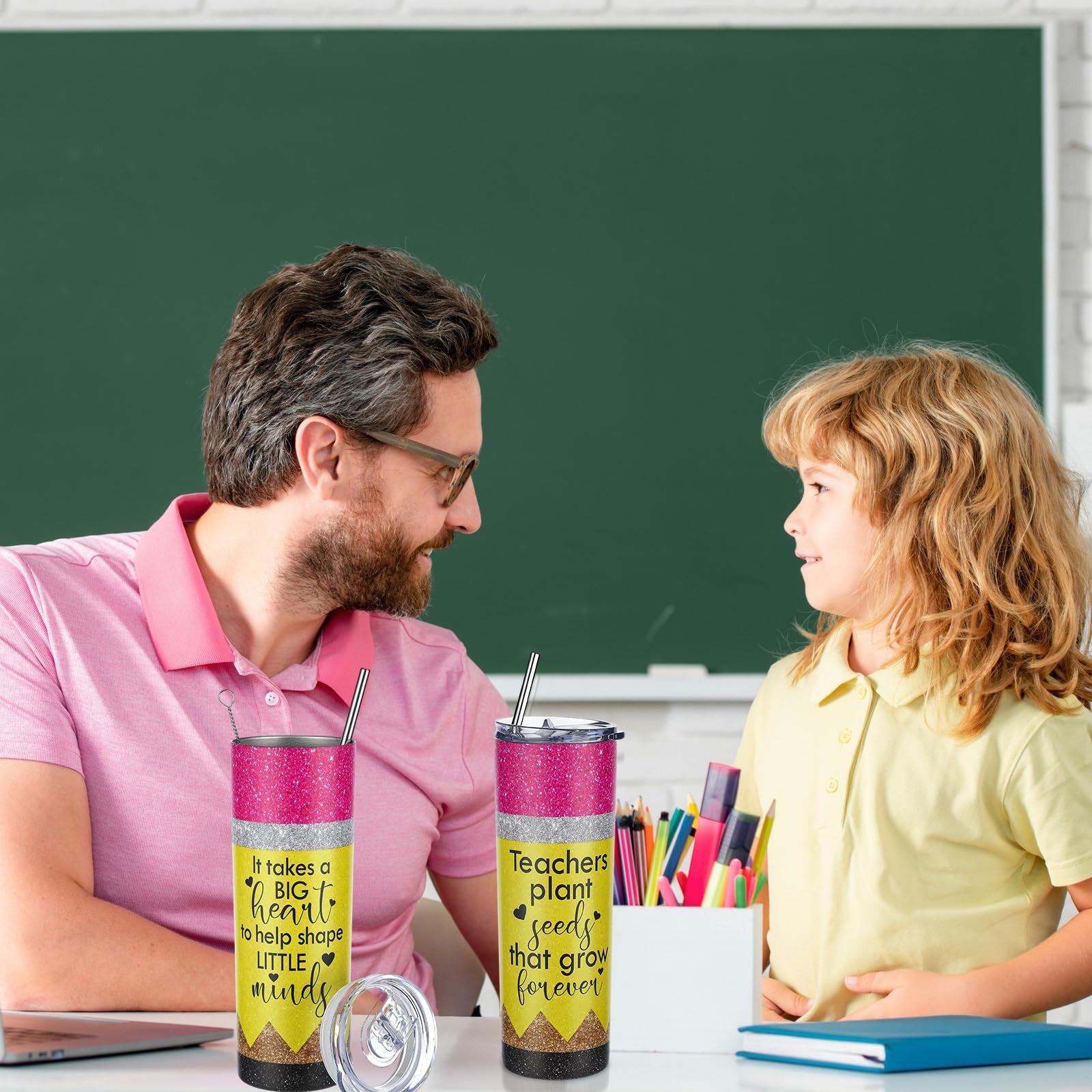 Set of four Sunnychicc 20oz teacher appreciation gifts, featuring colorful designs on durable reusable water bottles.