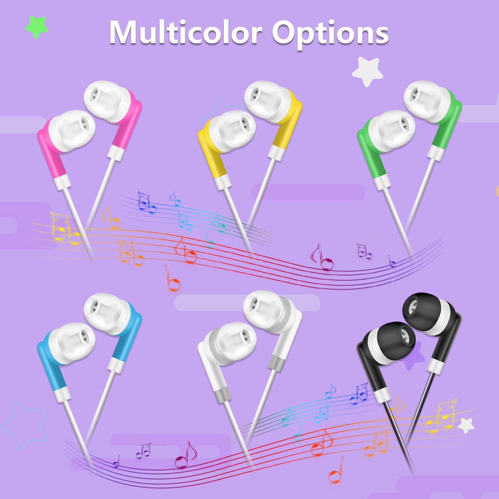 Set of 10 wired kids' earbuds from YFSFQS with in-ear design, suitable for classroom use, in a bulk 200-pack.