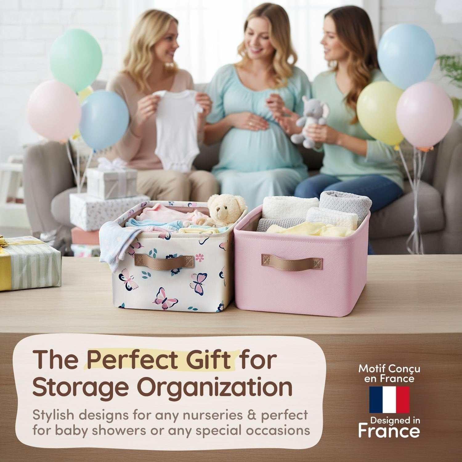 Pink butterfly fabric storage bins set, collapsible canvas nursery organizers