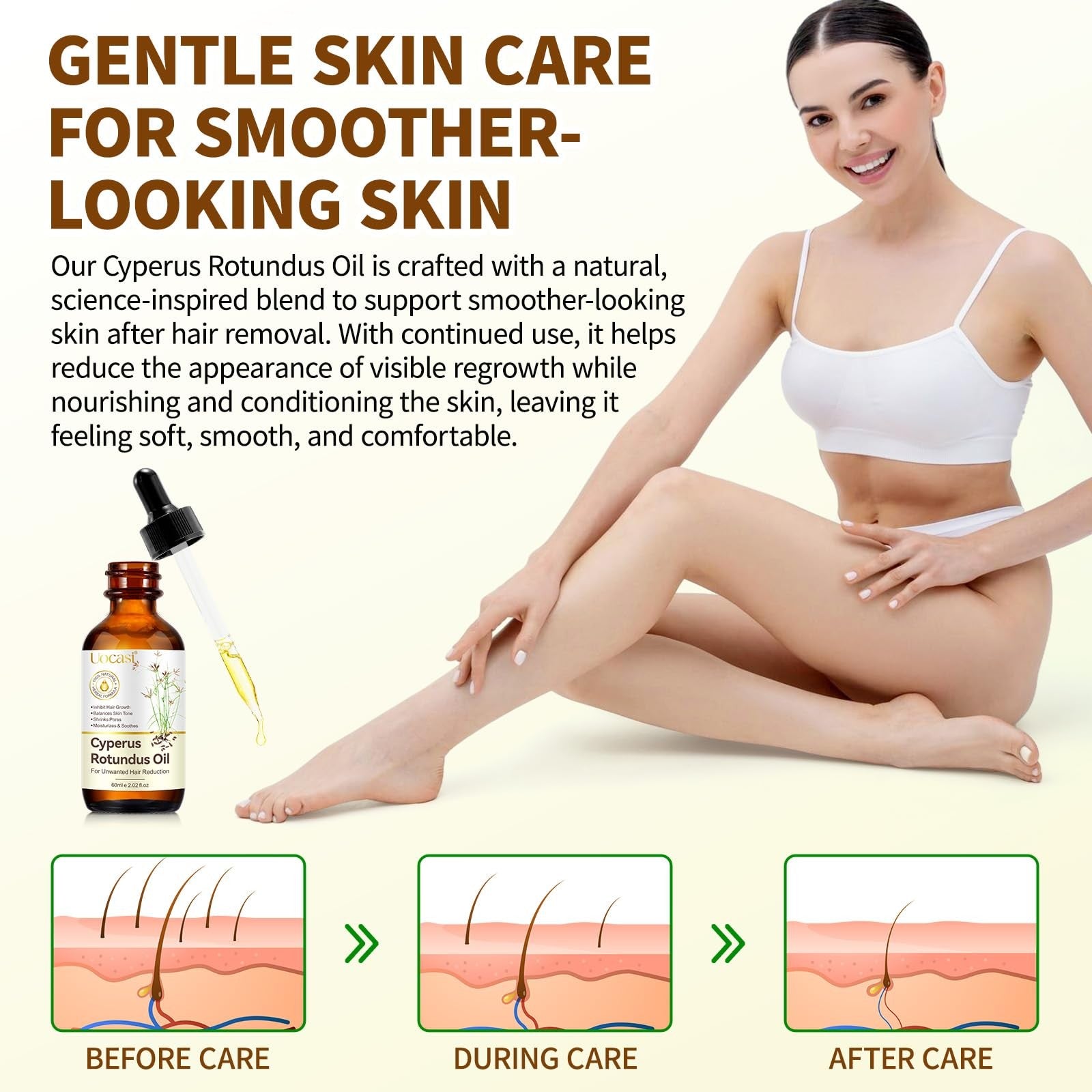 Uocasi Cyperus Rotundus Oil 3-pack with bottles of natural Cypress oil for hair removal and skin inhibition.