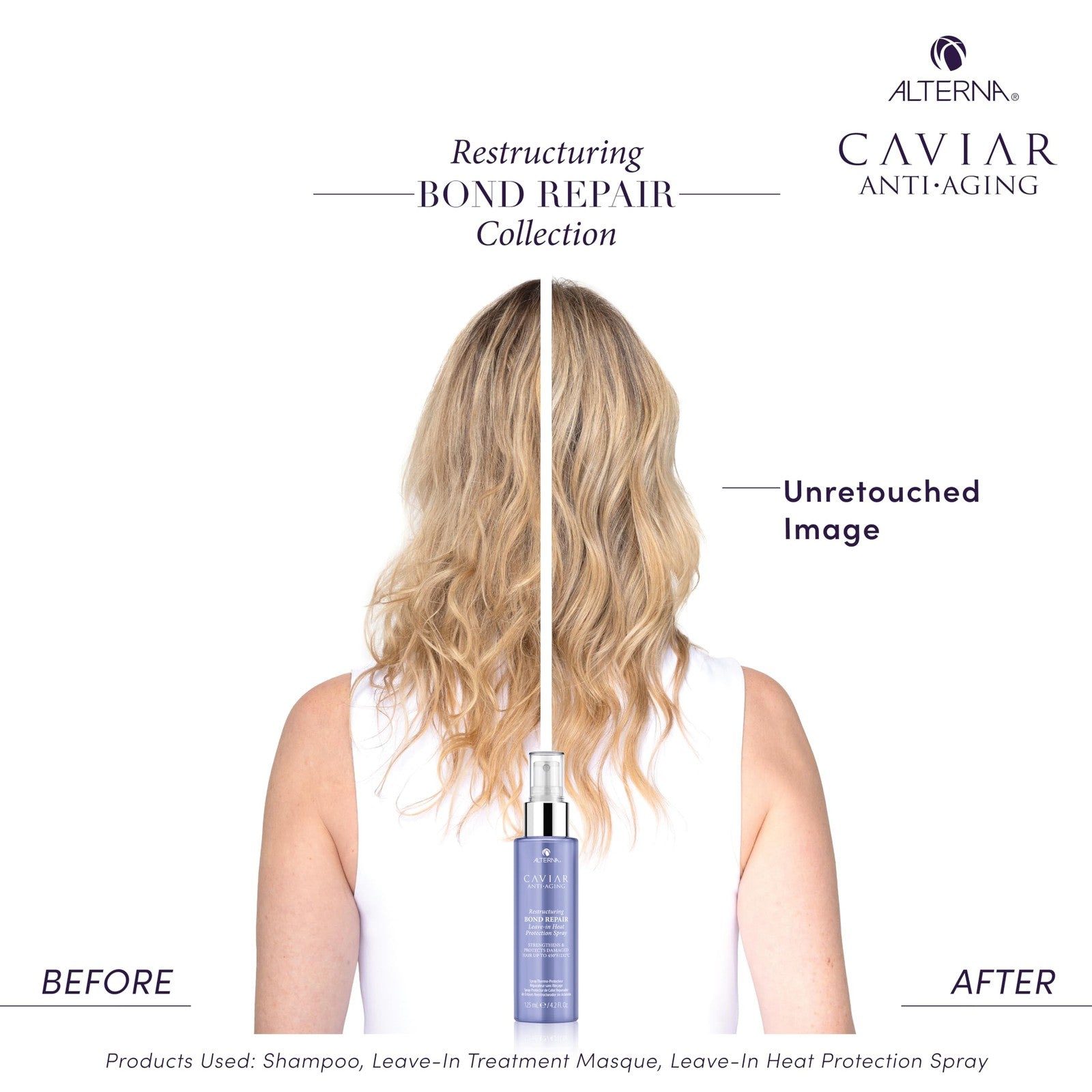 Alterna CAVIAR Anti-Aging Restructuring Bond Repair Leave-in Heat Protectant spray for damaged hair with caviar extract.