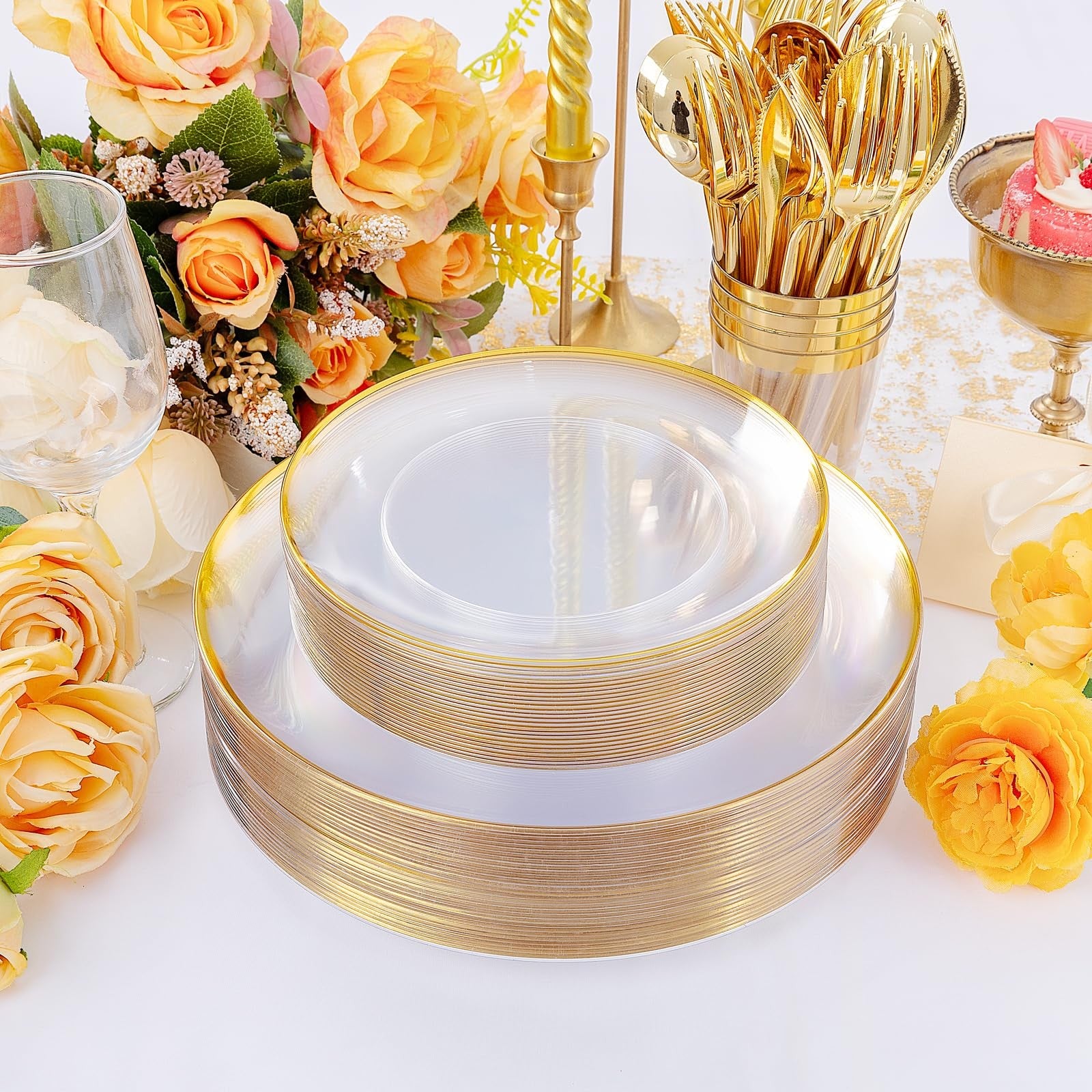 Ejonirinjonir EI 180-pack gold-trim clear plastic plates, elegant disposable dinnerware for parties and events