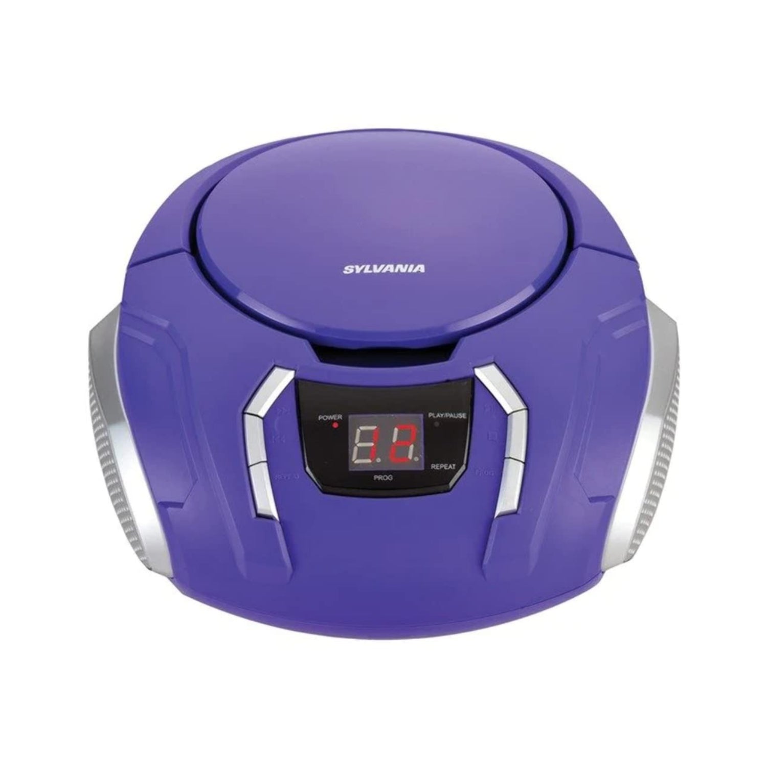 Purple Proscan Elite portable CD boombox with AM/FM radio and auxiliary input, branded SYLVANIA, featuring a compact design and control panel.