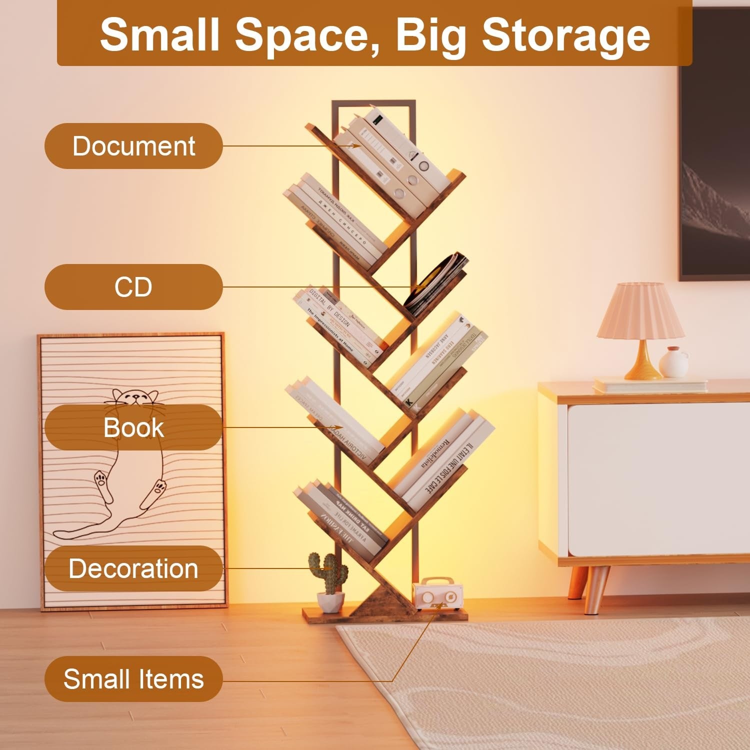 Qupui Tree Book Shelf with LED lights, 9-tier wooden floor-standing bookcase featuring a classical tree design