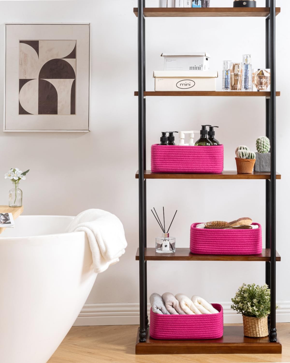 Set of three small woven storage baskets from KALLAX, 12x8x4.5 inches, made of rope for organizing shelves and spaces.