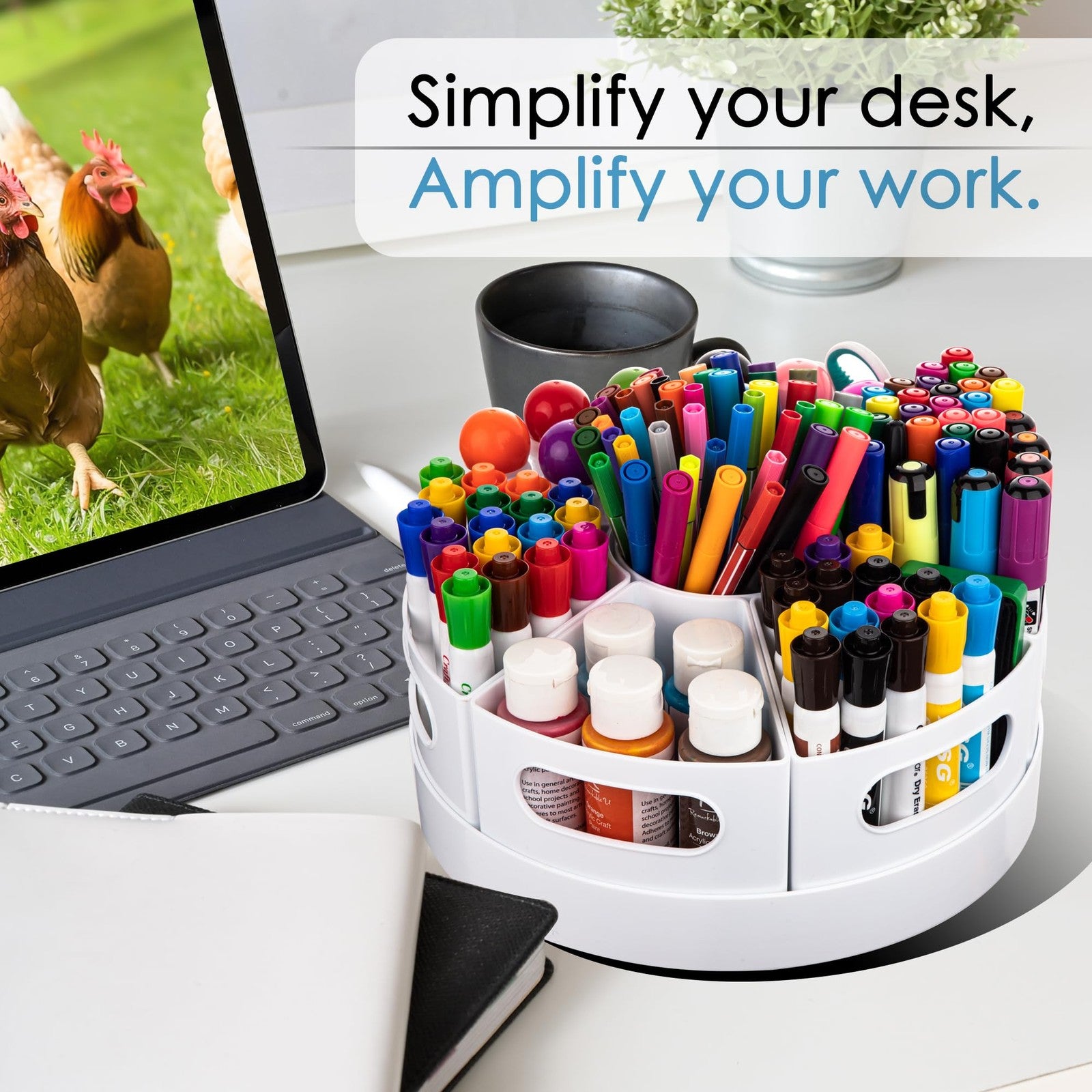 CraftGenes art supplies organizer featuring a large, 360° rotating desk stand with multiple compartments for craft tools.
