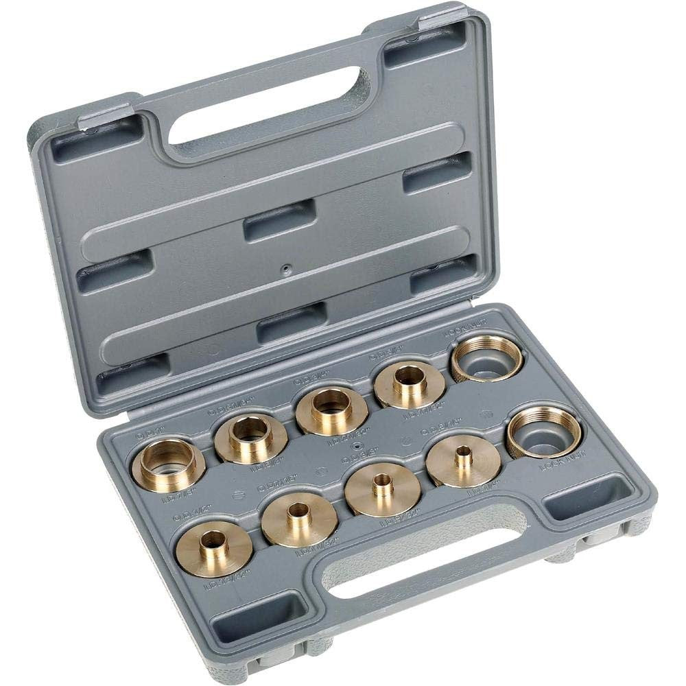 Shop Fox D3117 brass guide bushing set, showing multiple durable brass bushings for woodworking router tools.
