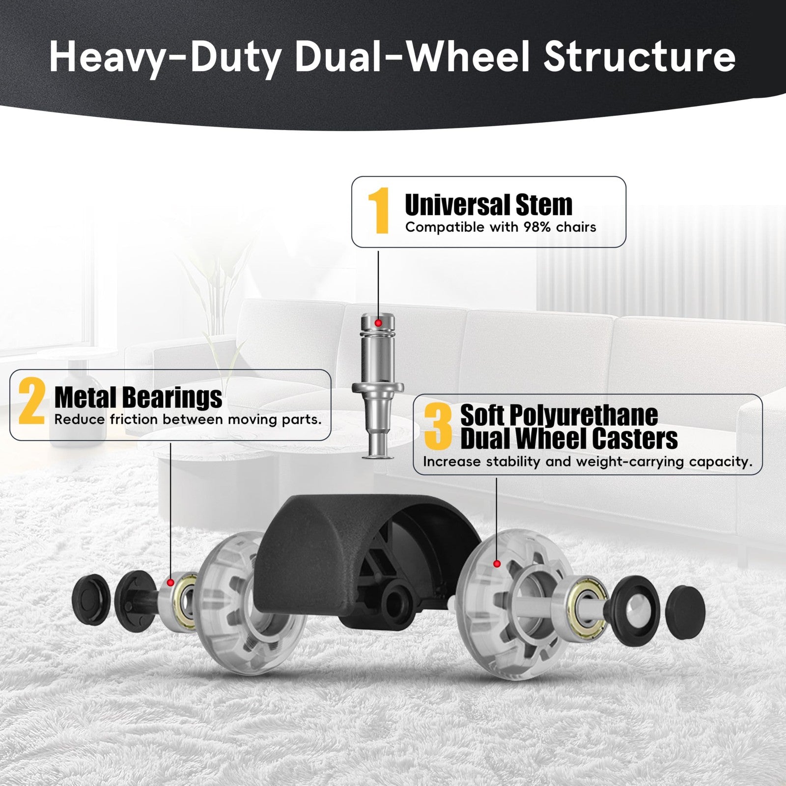 Heavy-duty 2.5-inch office chair caster wheels replacement set by MASTERY MART for carpet and hard floors.