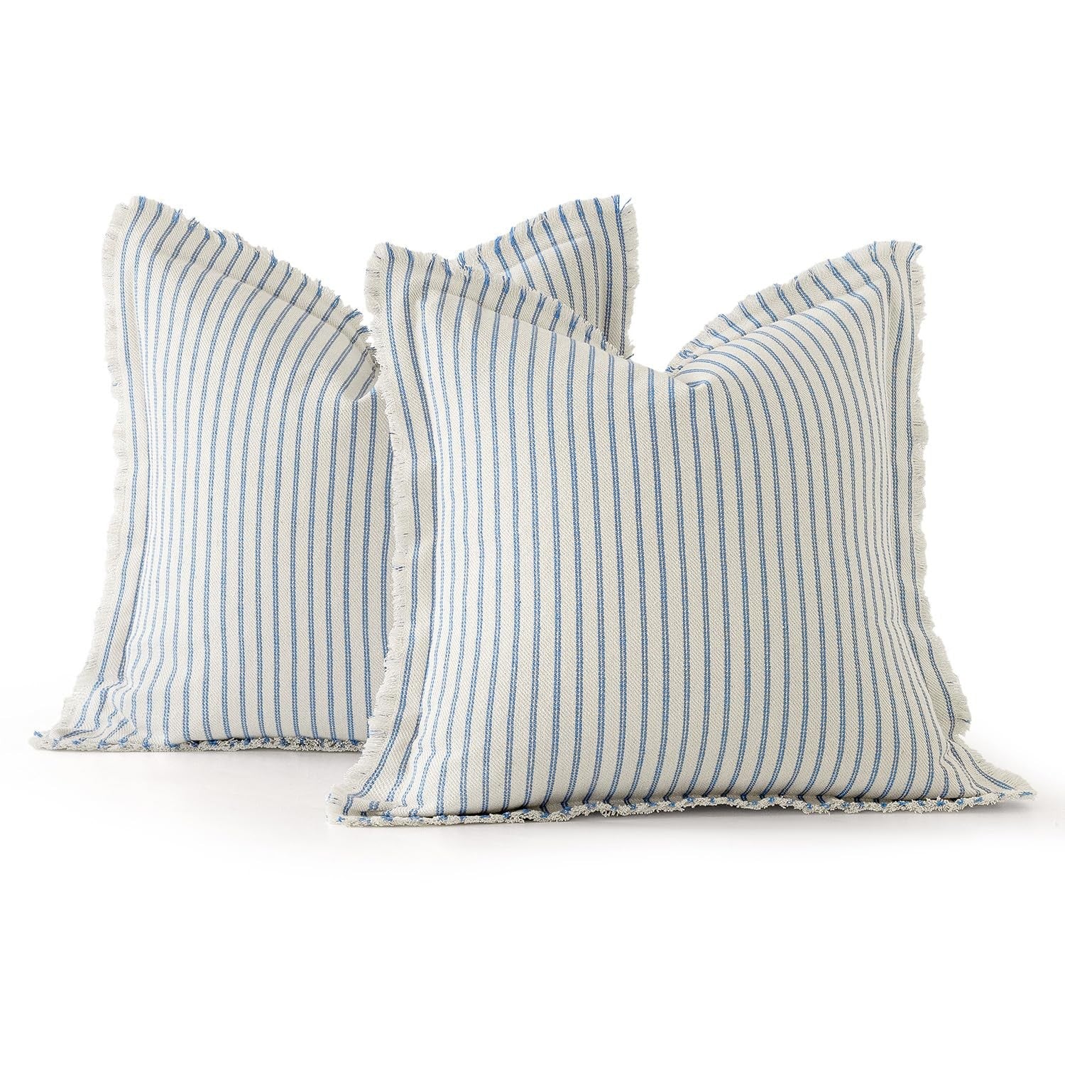 Pair of light blue MIULEE pillow covers with white stripes, 18x18 inch farmhouse-style decorative cushion covers on a couch.