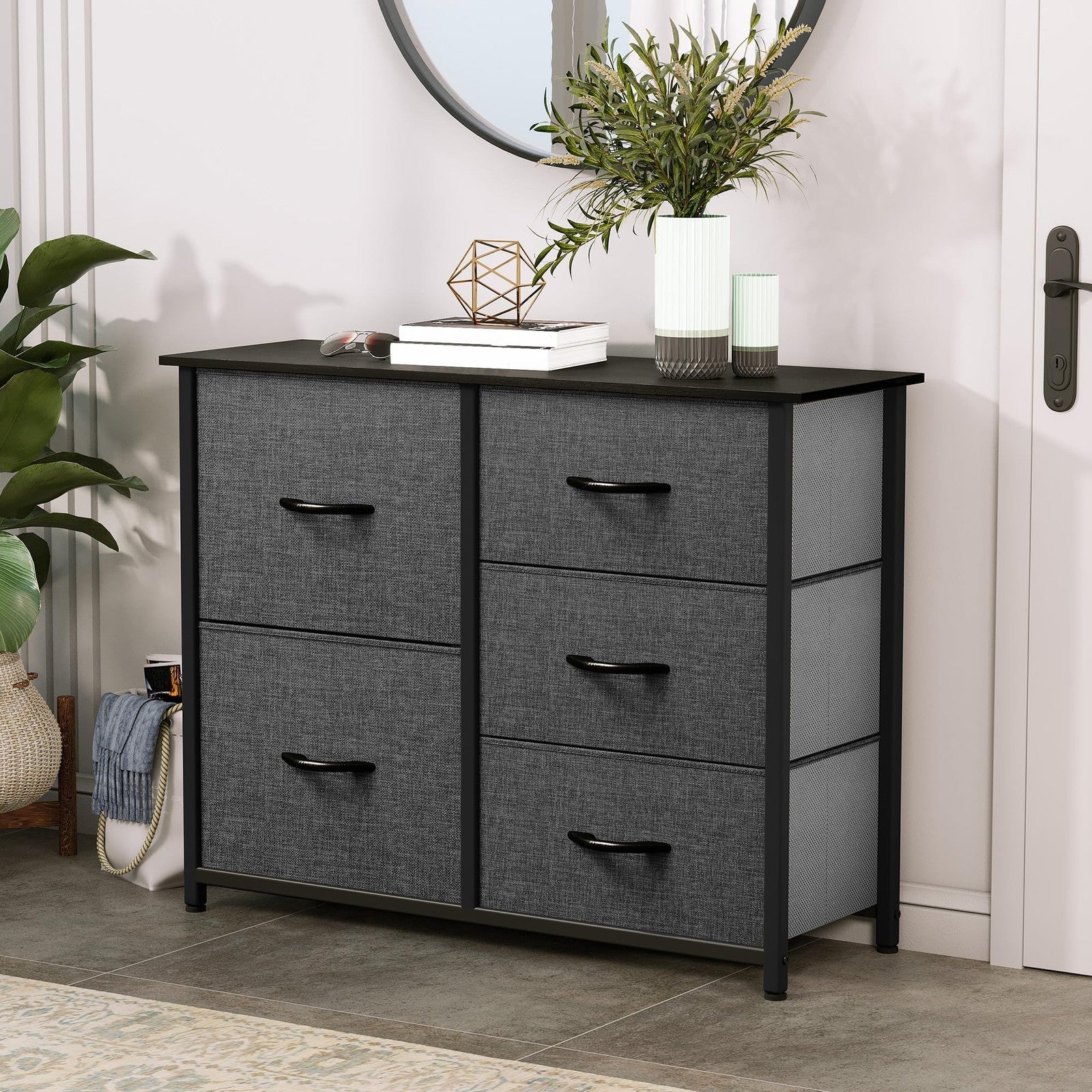 YITAHOME 5-drawer fabric dresser for bedroom with wide storage, featuring fabric drawers and a sleek design for organized space.