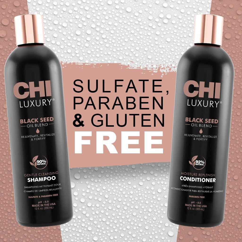 CHI Luxury Black Seed Oil Blend Gentle Cleansing Shampoo and Moisture Replenisher bottle, black and white packaging with product label.