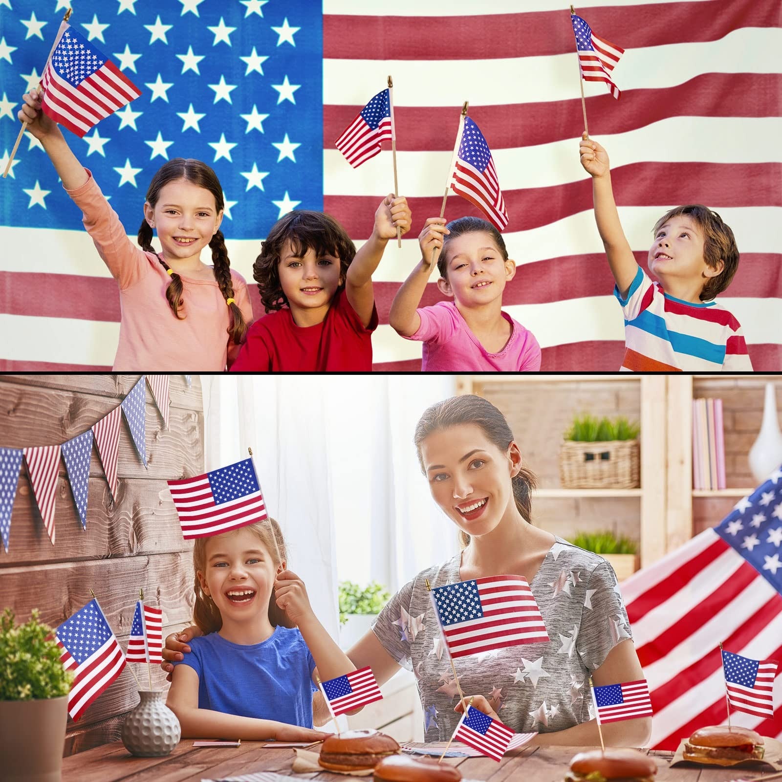 Tegeme 150-pack small American flags on sticks, 4x6 inches, handheld flags with gold accents, ideal for celebrations and events.