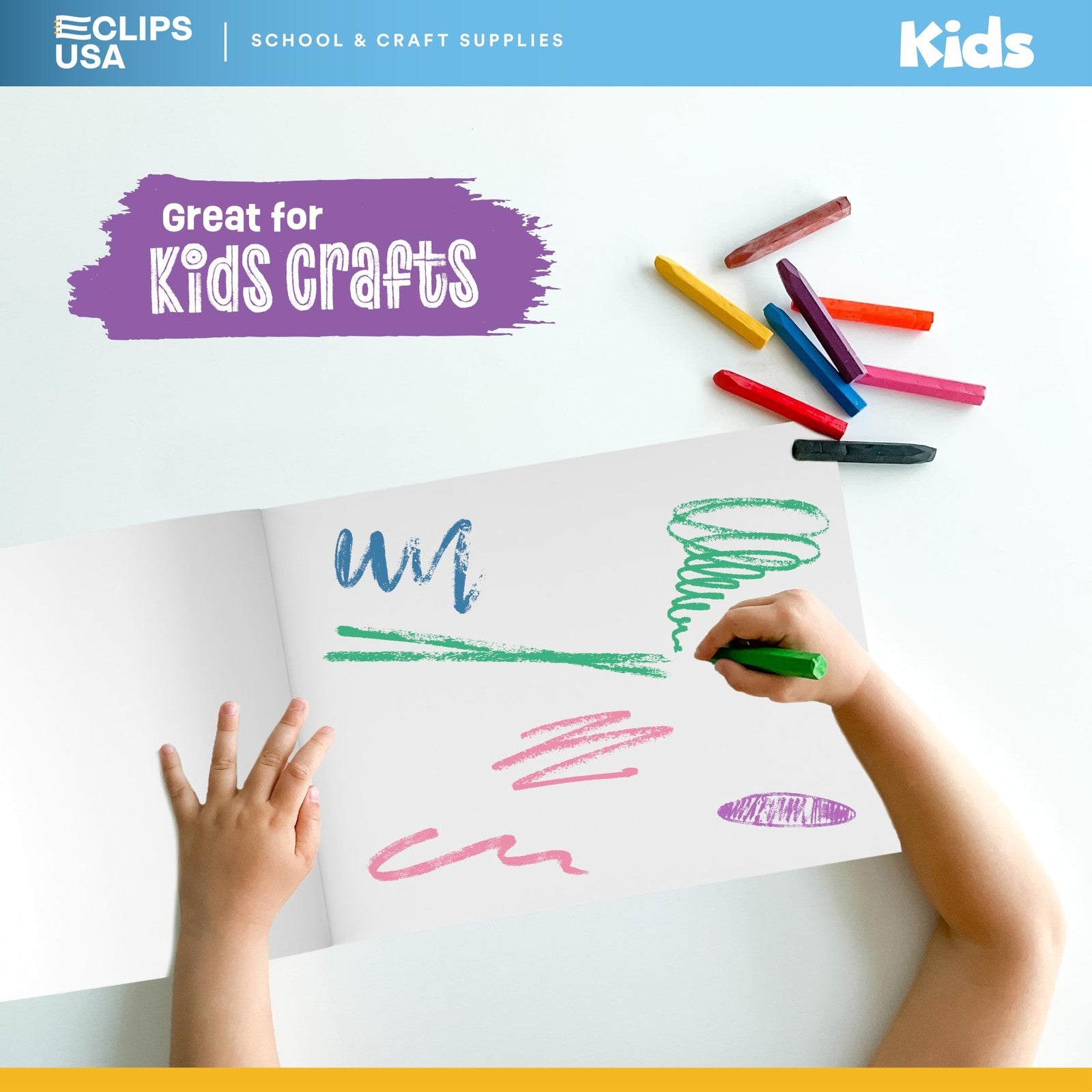 E-CLIPS USA kids sketch book with drawing paper and pad for children, featuring a colorful cover and blank pages for creativity.