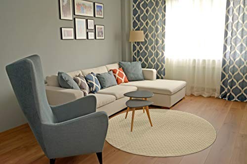 Garland Rug Town Square beige and tan round non-slip area rug with geometric pattern, ideal for living room decor.