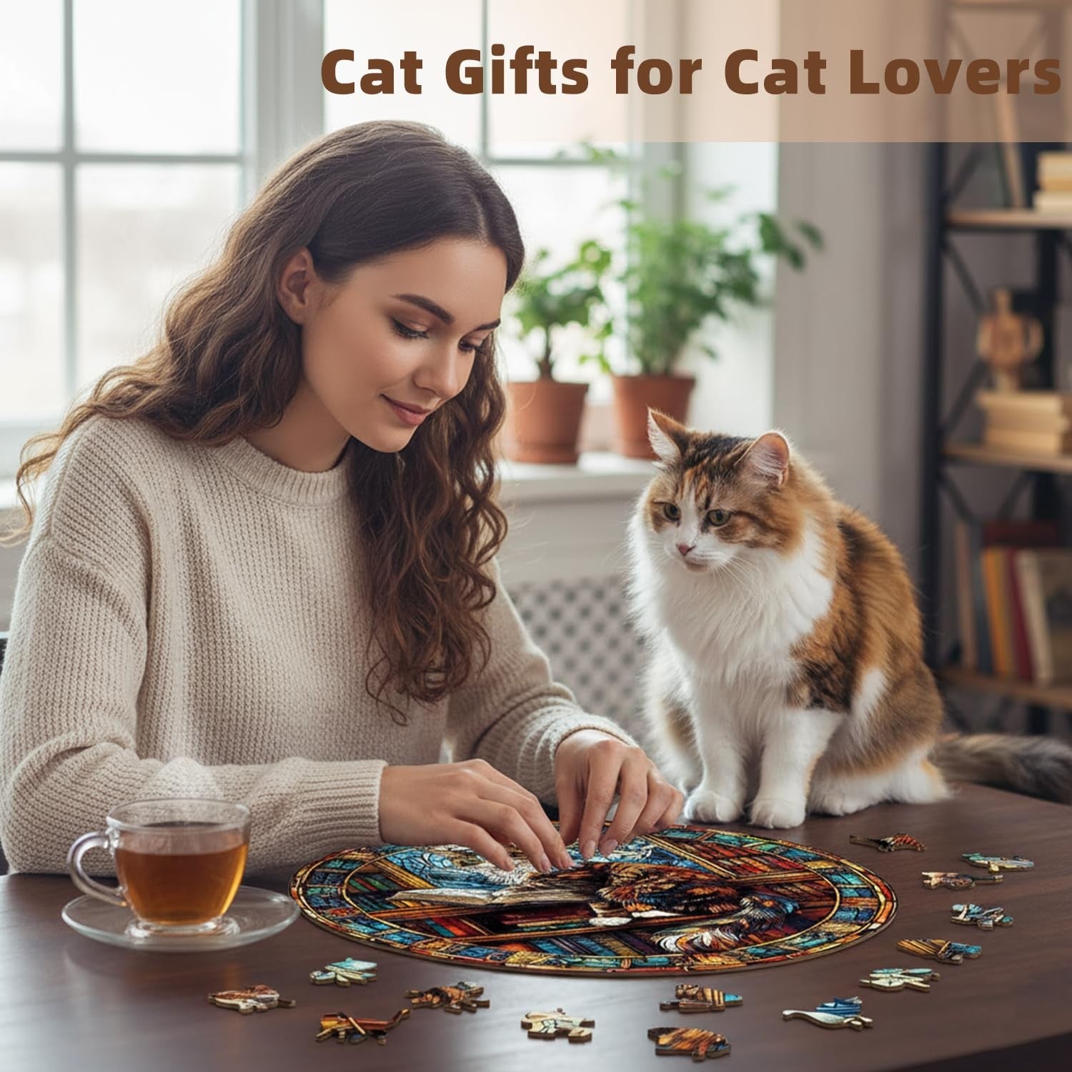 Jollitot Maine Cat Library wooden puzzle for adults, 200-piece wooden jigsaw featuring colorful cat illustrations and library design.