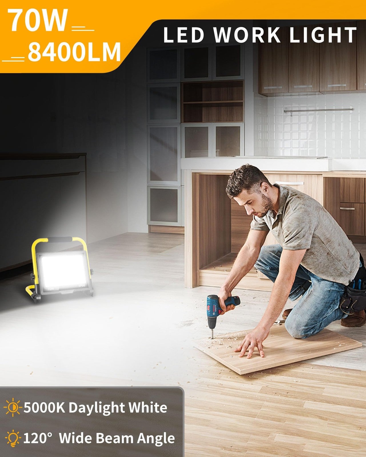 ISUERFY 70W LED work light with 16ft cord, switch, outdoor flood light, 8400 lumens, IP66 waterproof for construction use