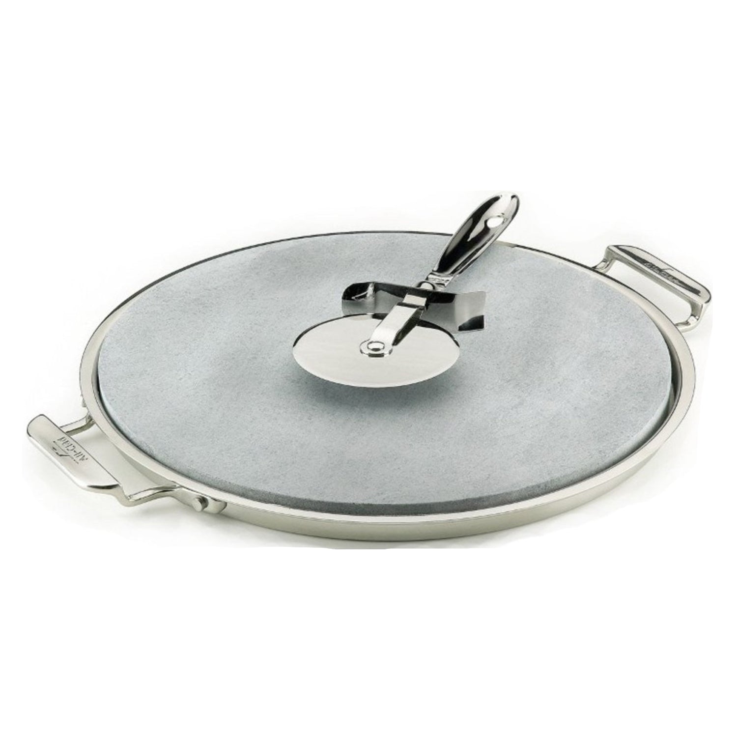 All-Clad 13-inch stainless steel and soapstone pizza stone for oven and broiler with a sleek, durable design.