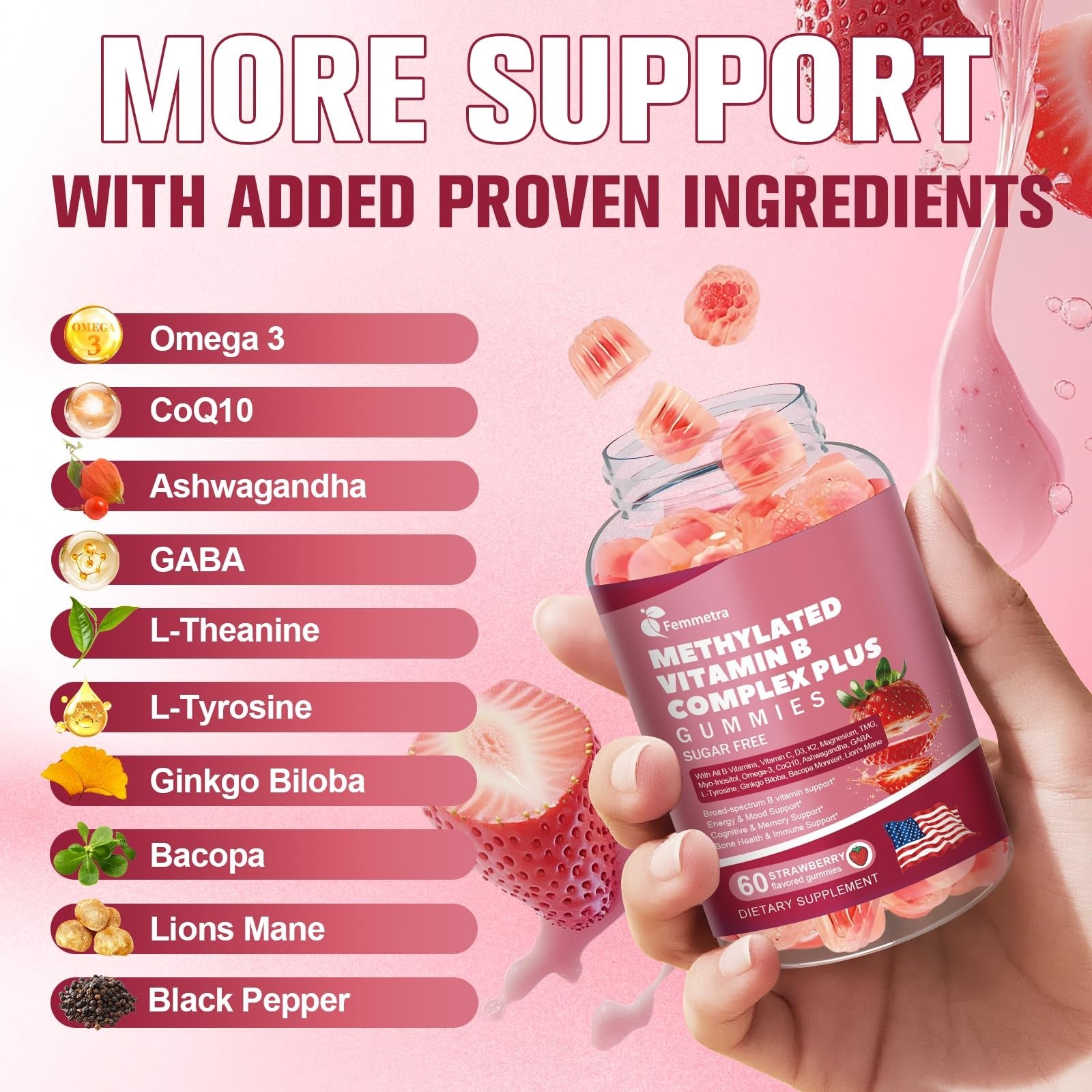 Femmetra Ultra Methylated Vitamin B Complex Sugar-Free Gummies with all B vitamins and vitamin in a bottle of 10 gummies.