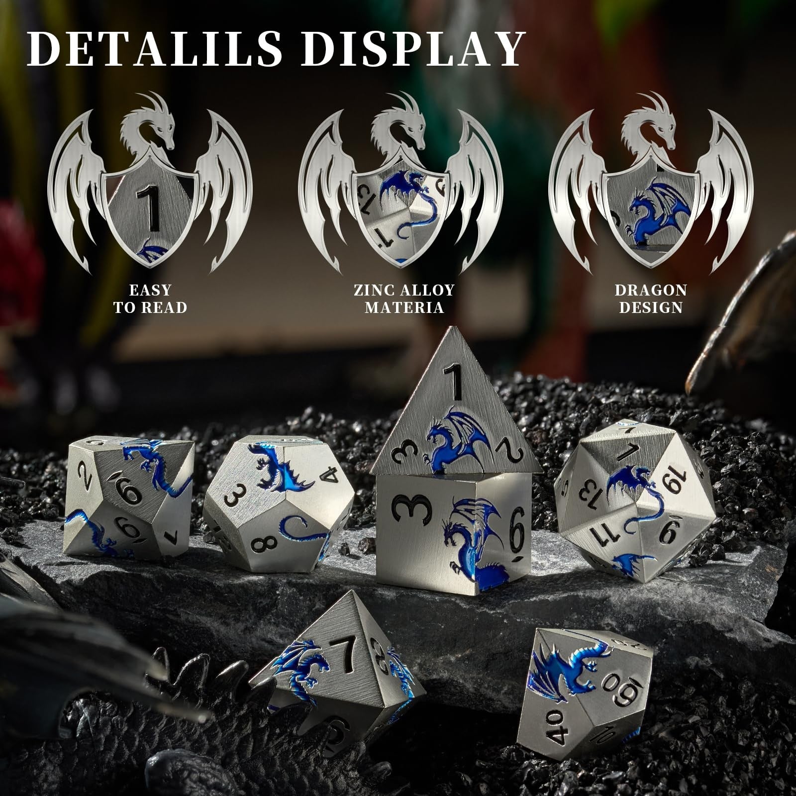 HNCCESG Blue Dragon metal D&D dice set with 7 heavy zinc alloy RPG dice featuring intricate dragon design and vibrant blue color.