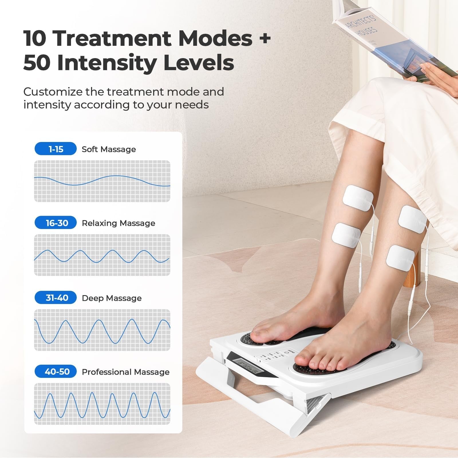 KNQZE EMS foot massager for neuropathy with TENS therapy, showing control panel and foot pads for nerve stimulation and circulation.