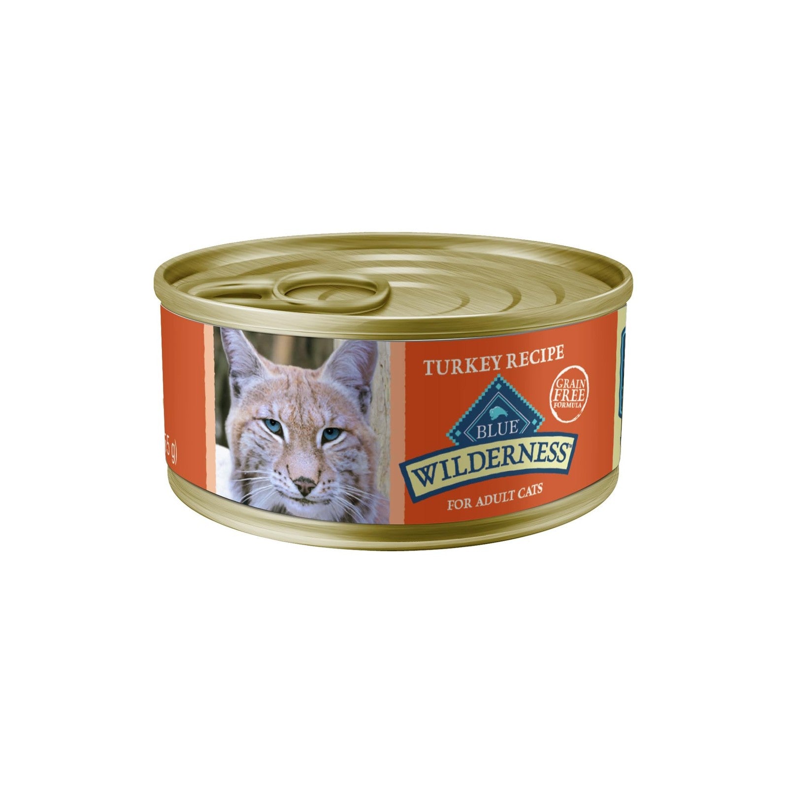 Blue Buffalo Wilderness grain-free wet cat food for adults with turkey, showing a bowl of the blue and white packaging and prepared cat food.