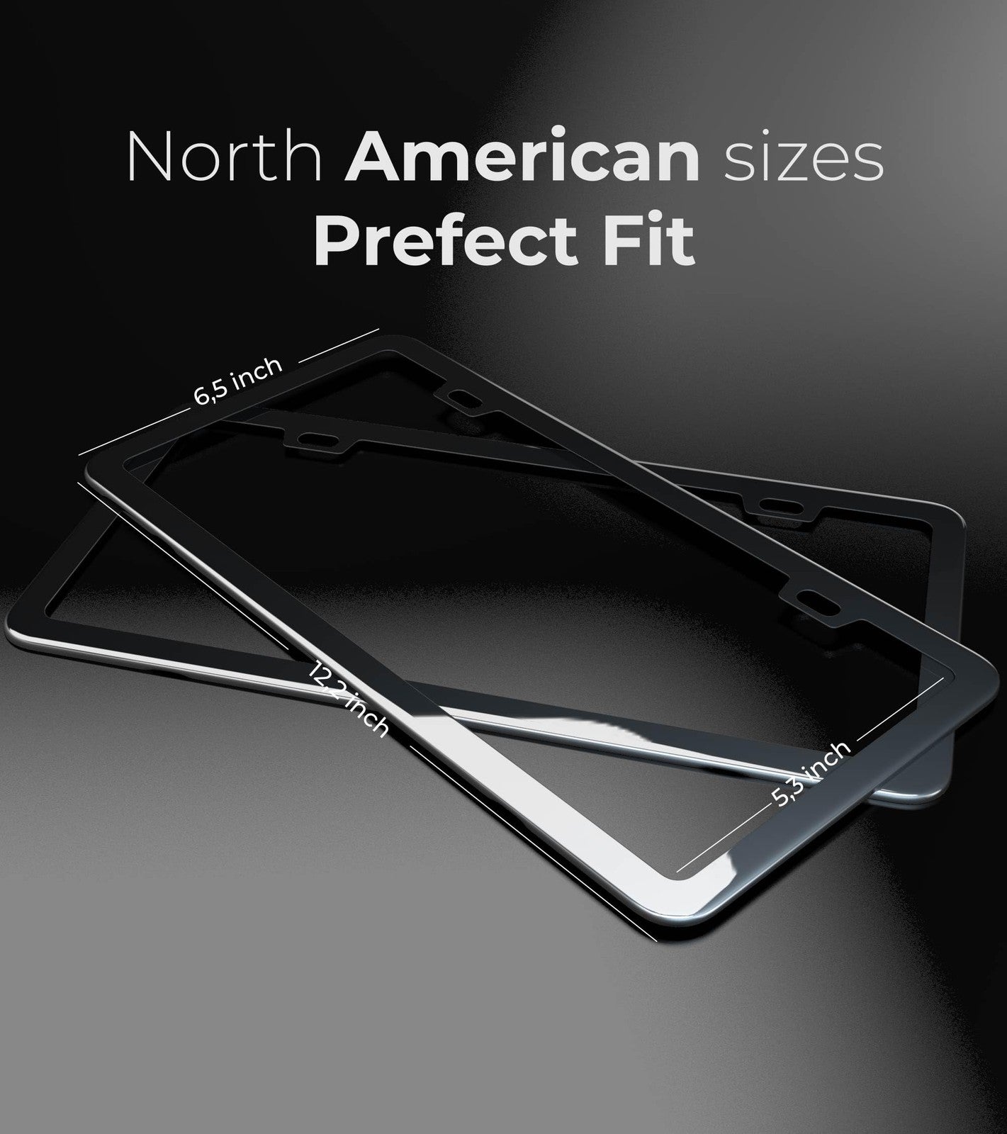 Deselen black license plate frame made of titanium and gunmetal stainless steel, showcasing a sleek, modern design.