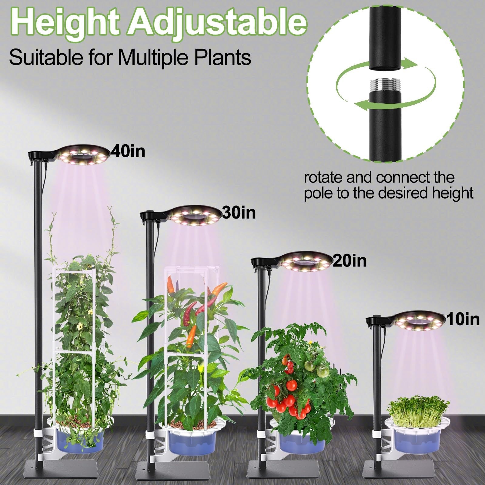 E SUPEREGROW indoor plant hydroponics tower kit with grow light for herbs and vegetables, showing the multi-tiered system and greenery.