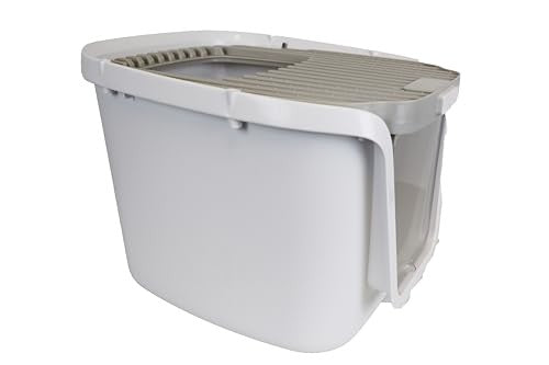 H2Pro cat litter box with built-in scoop and toy, measuring 21.85x17.52x15.08 inches, in a neutral plastic finish.