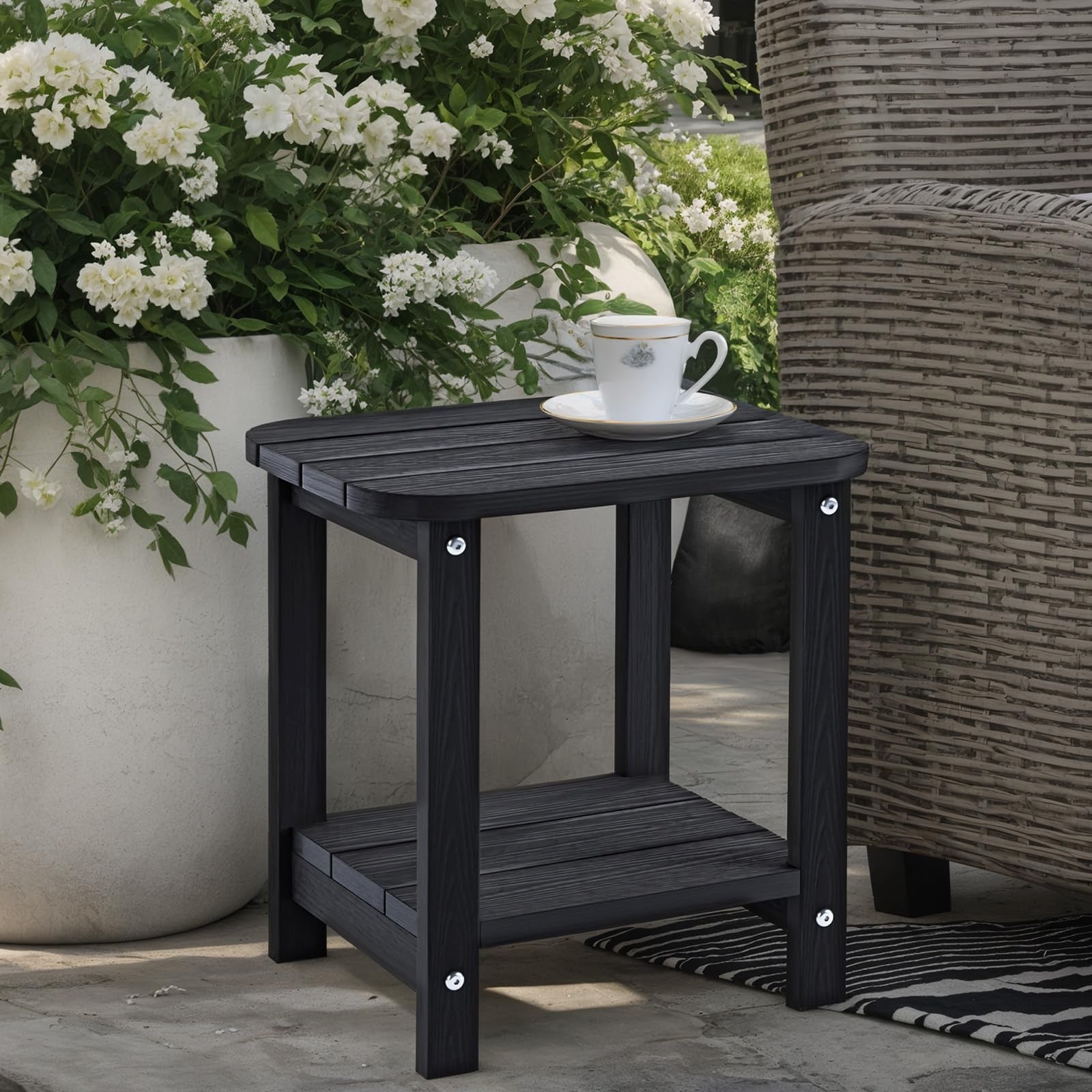 UQQUUNIQ 2-Tier outdoor side table with 16-inch all-weather Adirondack design, featuring a sturdy wooden surface and metal frame.