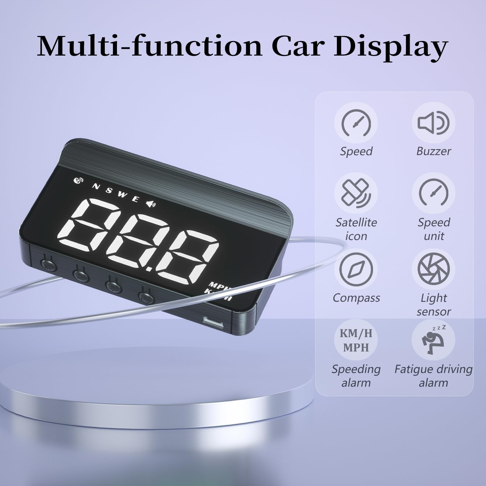 AZIJYV Heads Up Display for cars showing a windshield speedometer projection in white on a car dashboard.